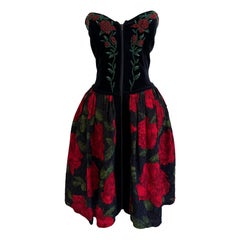 Blumarine 1991 Black Velvet Strapless Evening Dress with Red Roses
