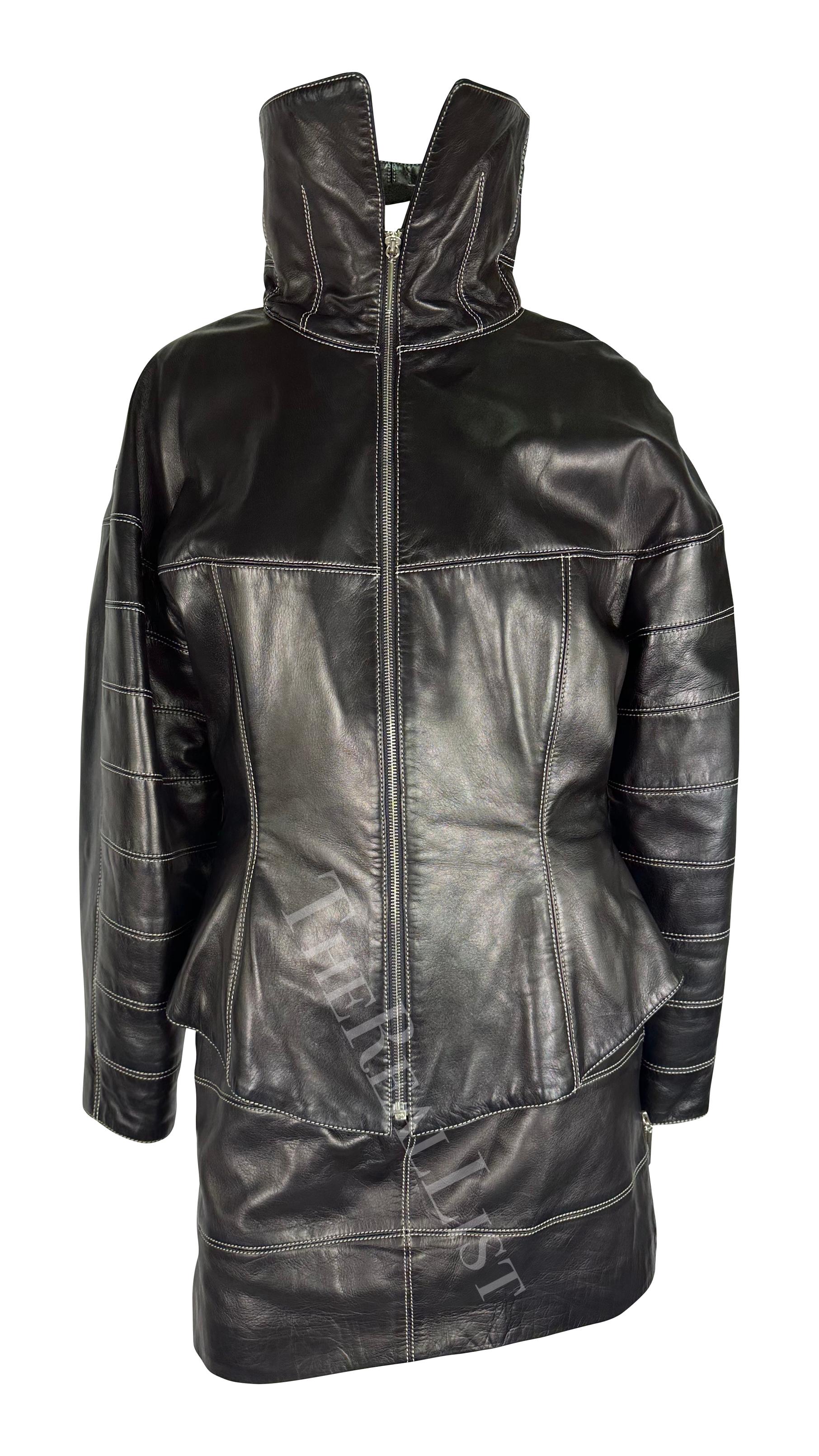 F/W 1991 Claude Montana Runway Leather Moto Jacket Skirt Set For Sale 1