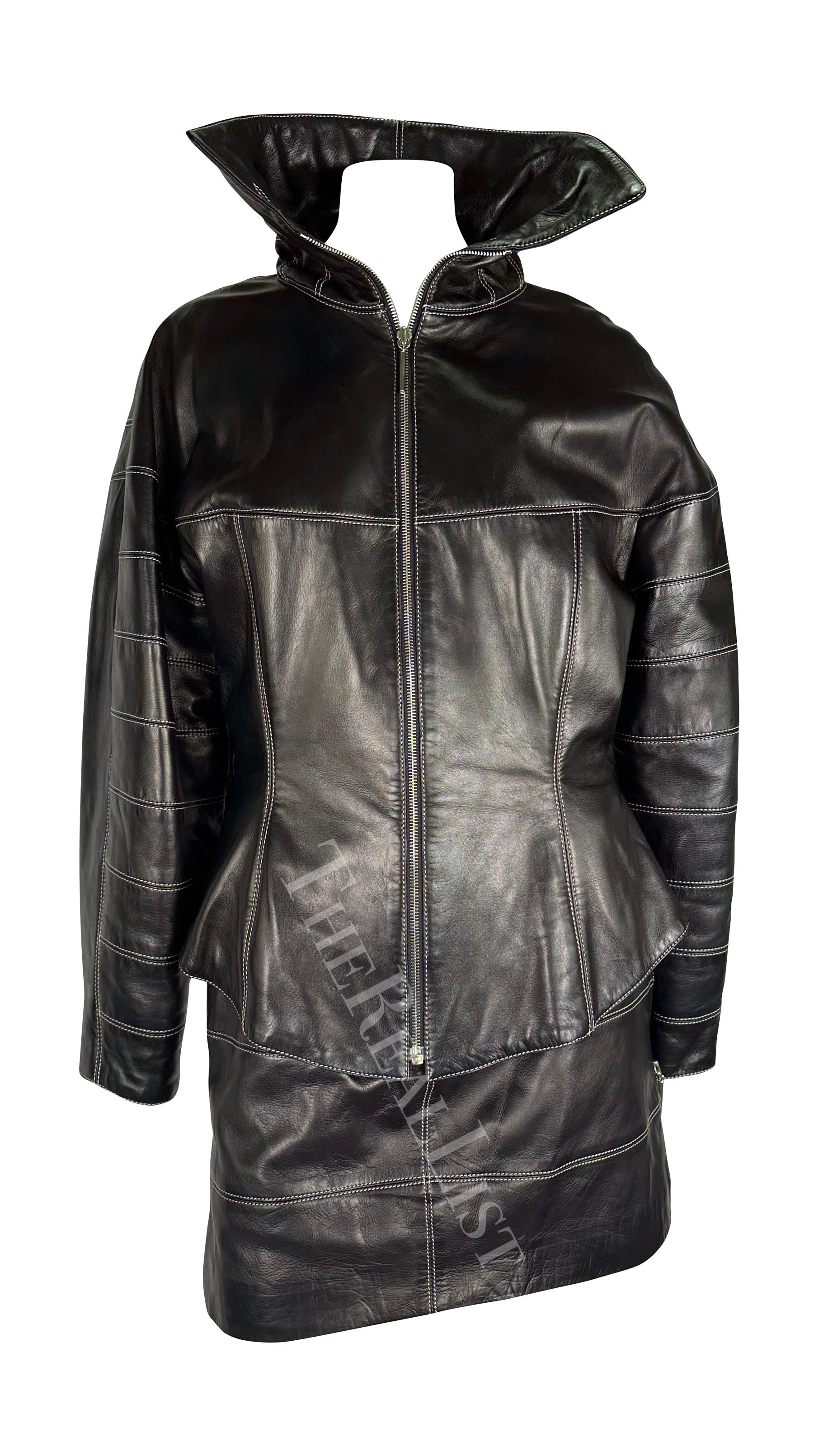 F/W 1991 Claude Montana Runway Leather Moto Jacket Skirt Set For Sale 2