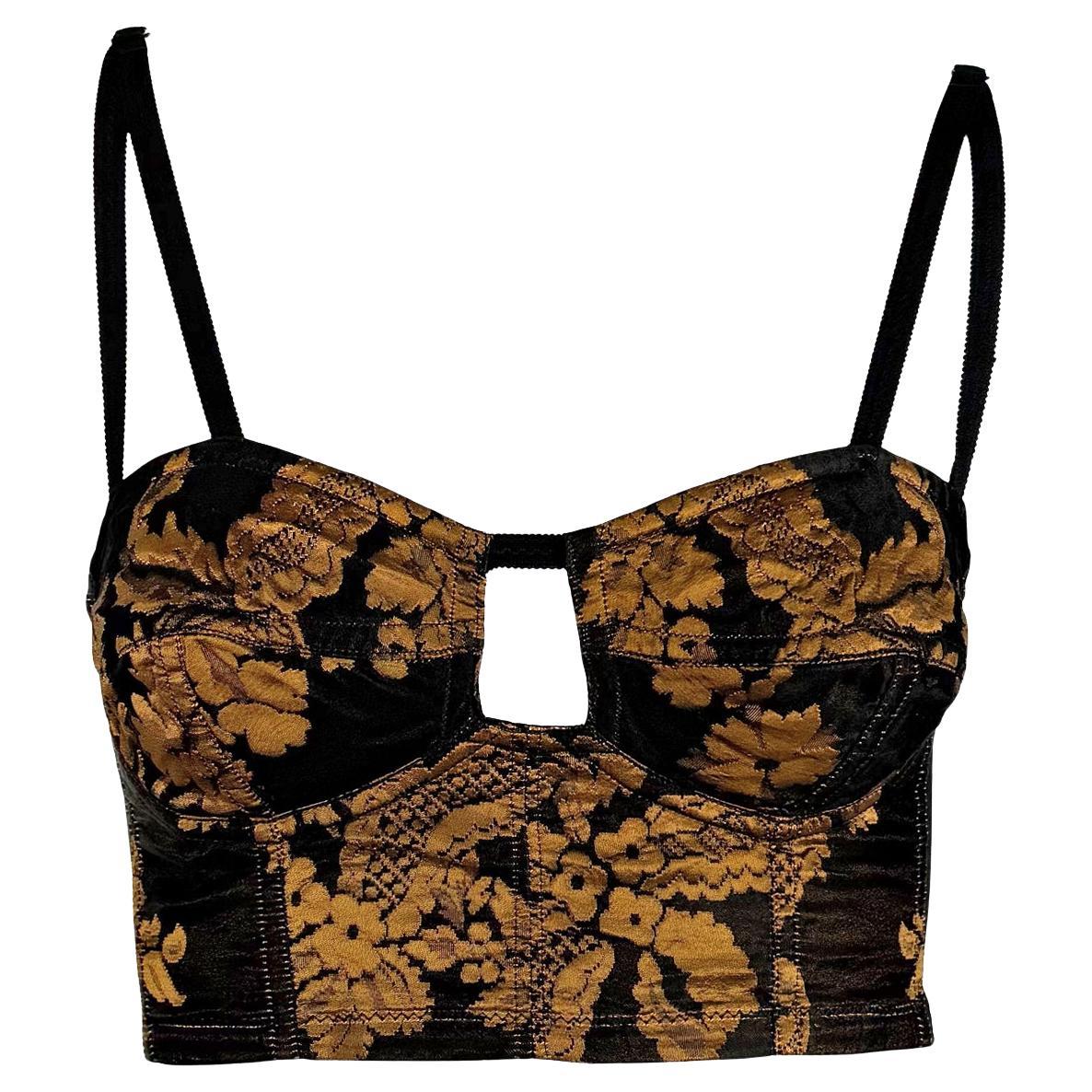 F/W 1991 Dolce & Gabbana Black Gold Tapestry Bodycon Bustier Crop Top For Sale