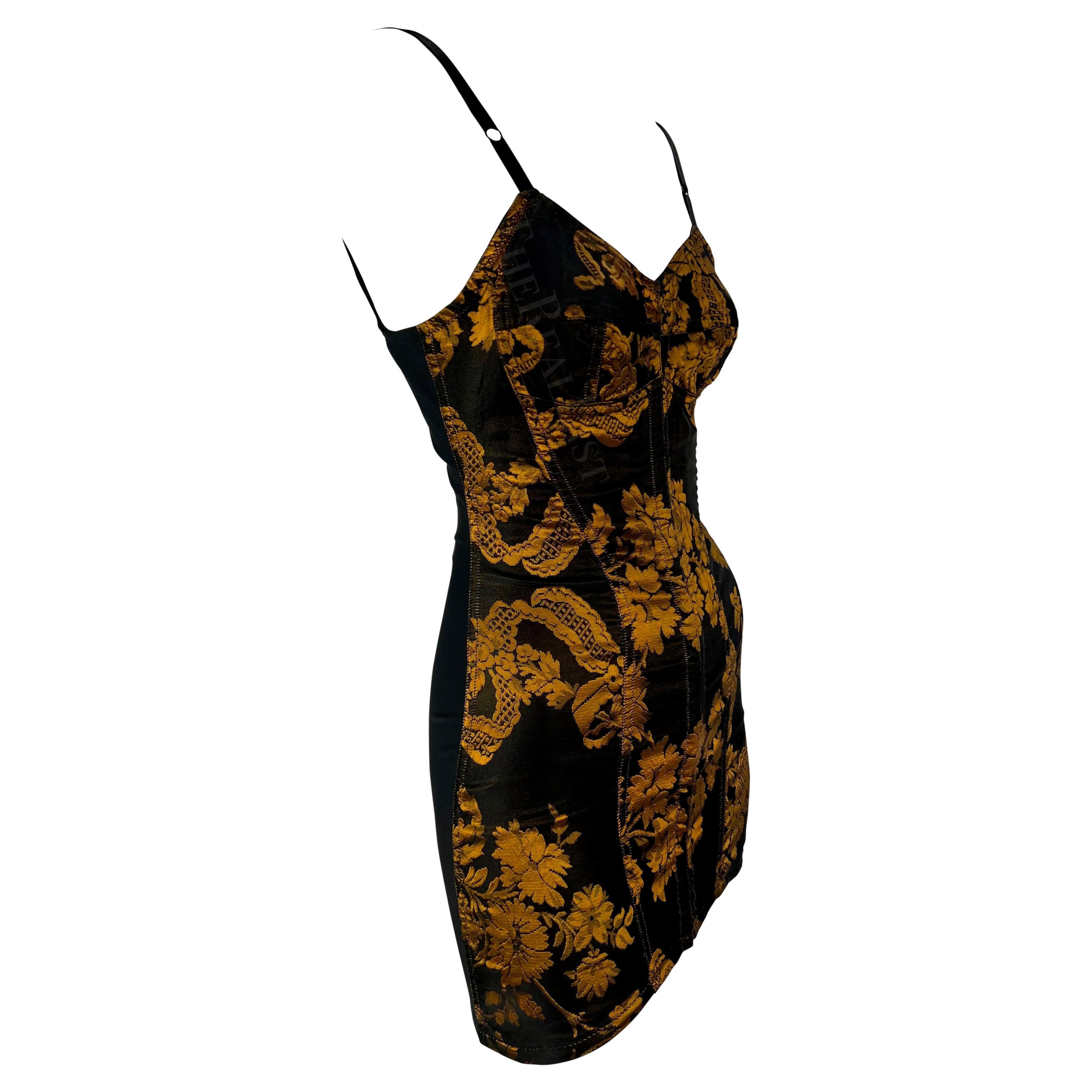 F/W 1991 Dolce & Gabbana Black Gold Tapestry Bodycon Bustier Stretch Mini Dress 6