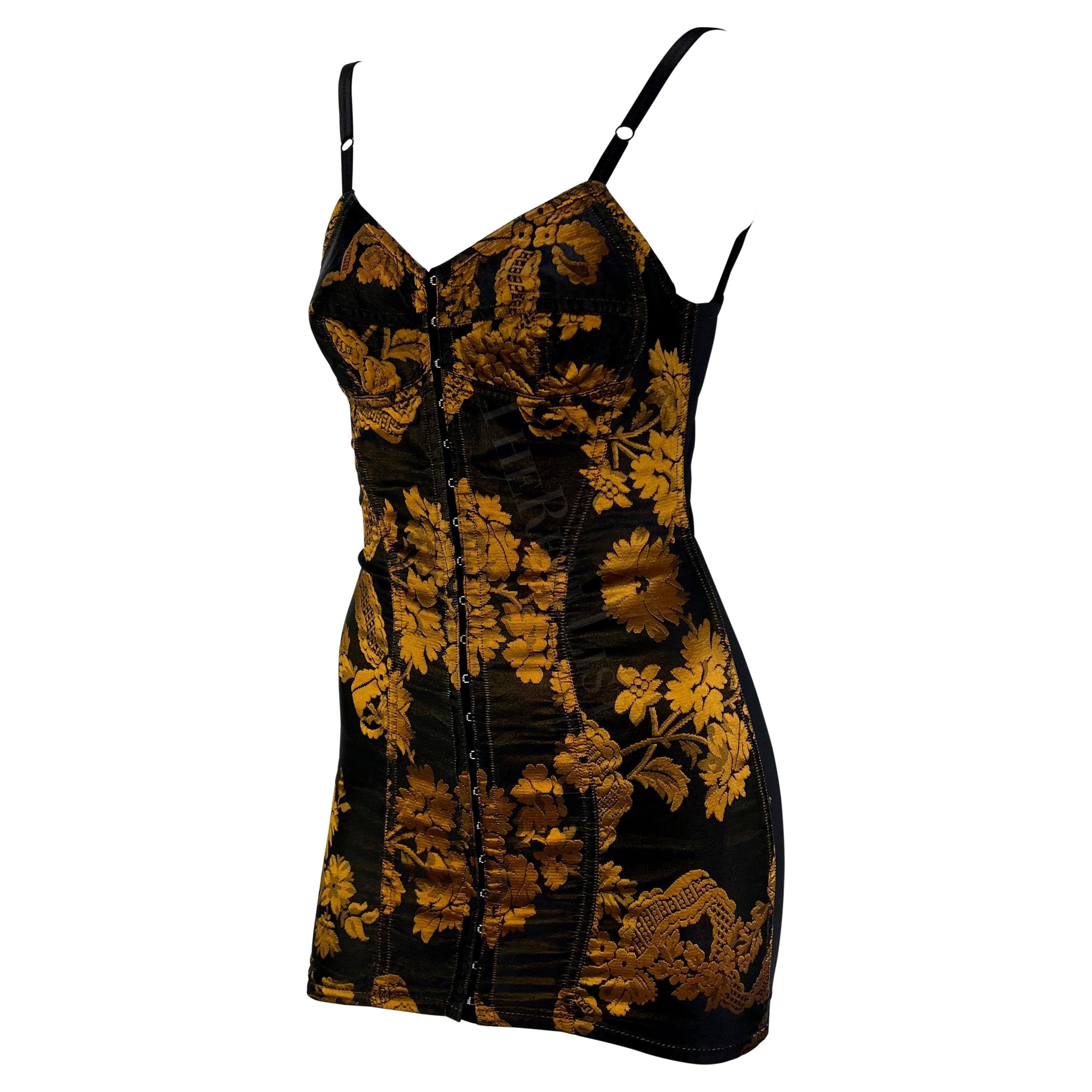 F/W 1991 Dolce & Gabbana Black Gold Tapestry Bodycon Bustier Stretch Mini Dress 2