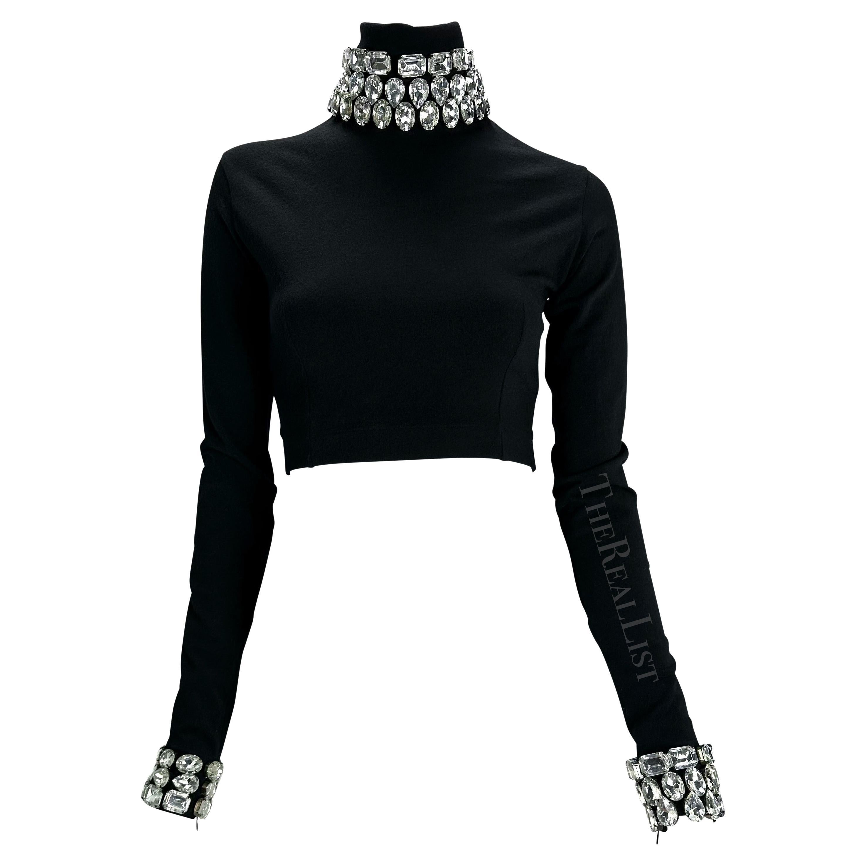 F/W 1991 Dolce & Gabbana Crystal Rhinestone Accented Black Cropped Turtleneck For Sale