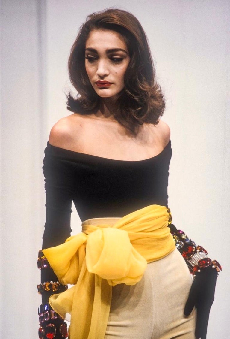 Women's F/W 1991 Dolce & Gabbana Multicolor Gem Black Cropped Bodycon Knit Skirt Set For Sale