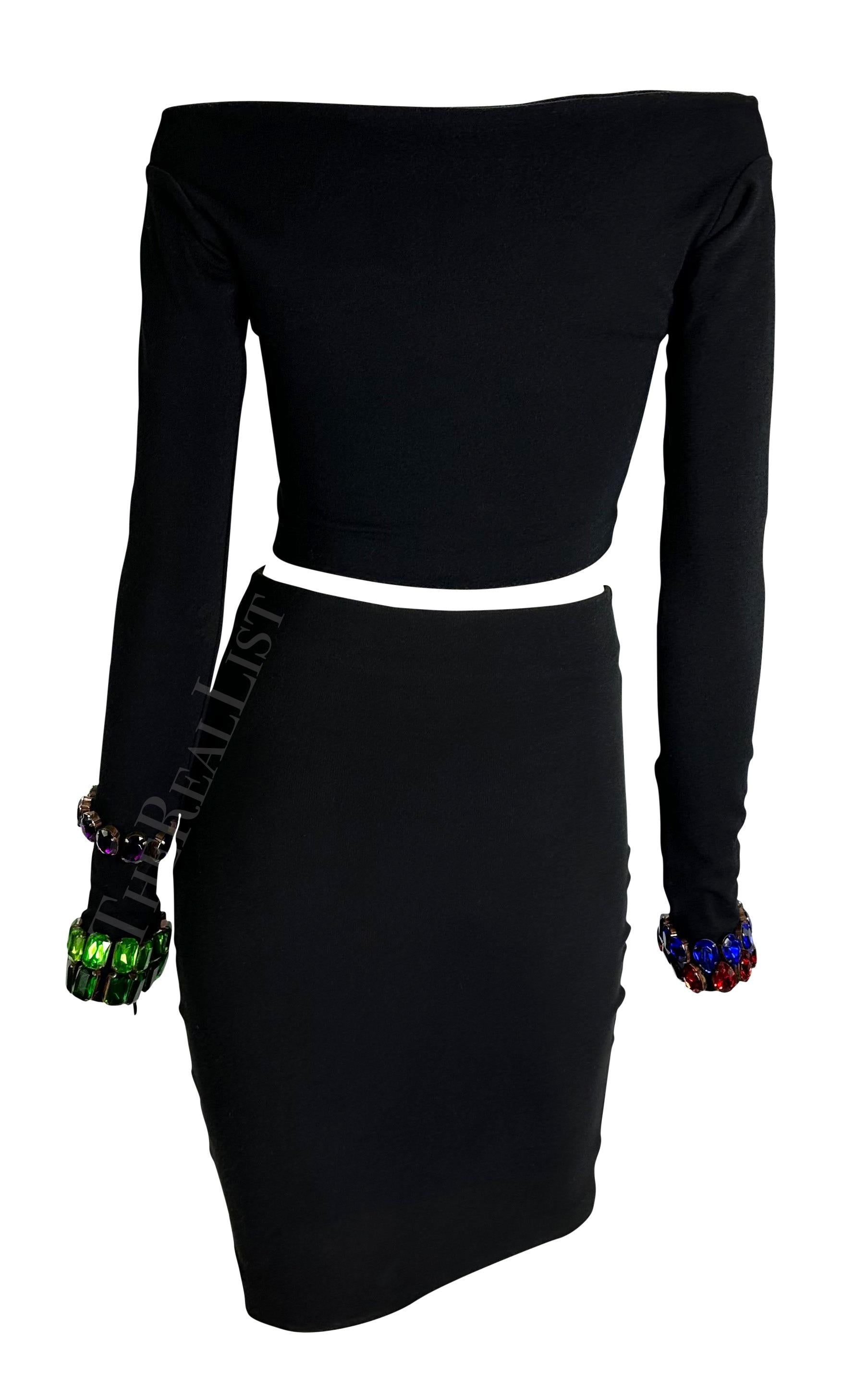 F/W 1991 Dolce & Gabbana Multicolor Gem Black Cropped Bodycon Knit Skirt Set For Sale 2