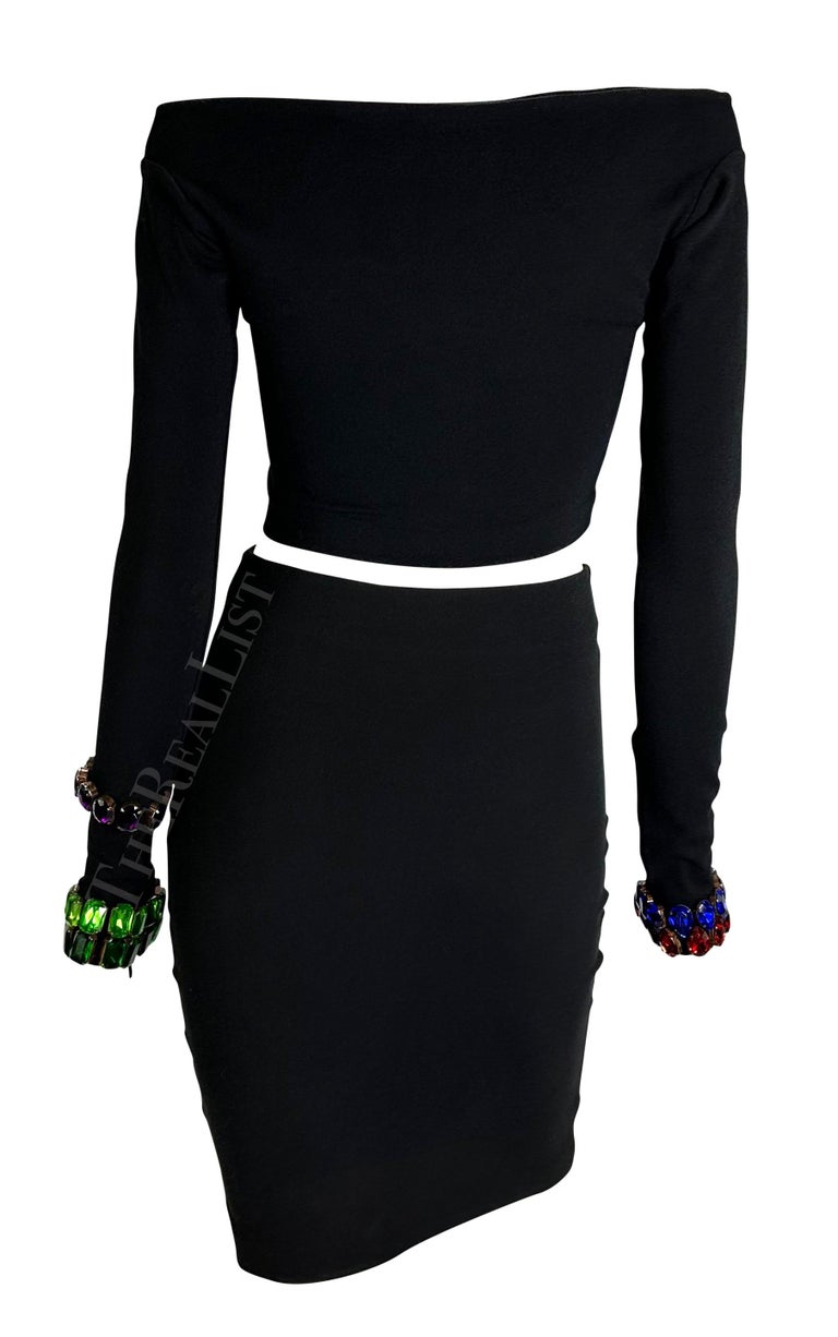 F/W 1991 Dolce & Gabbana Multicolor Gem Black Cropped Bodycon Knit Skirt Set For Sale 3