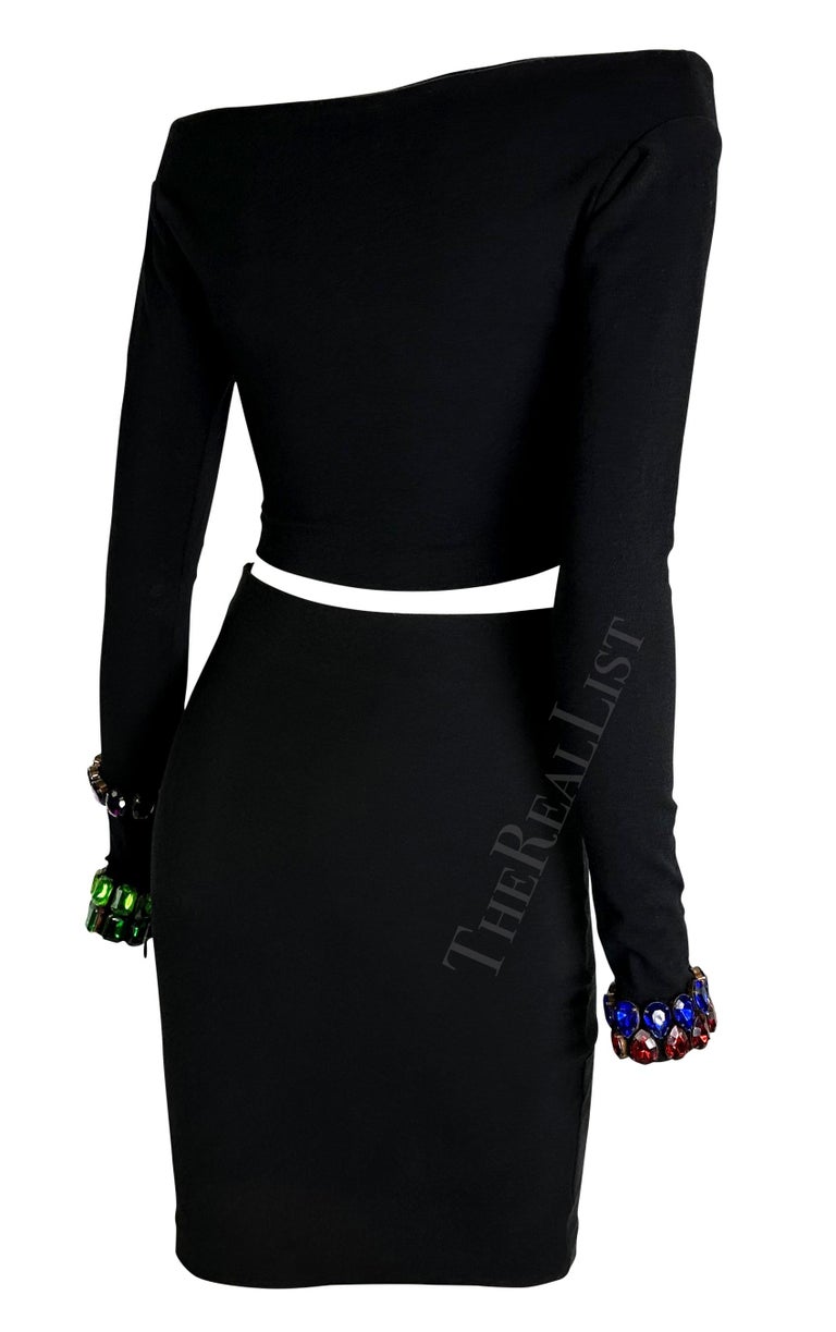 F/W 1991 Dolce & Gabbana Multicolor Gem Black Cropped Bodycon Knit Skirt Set For Sale 4