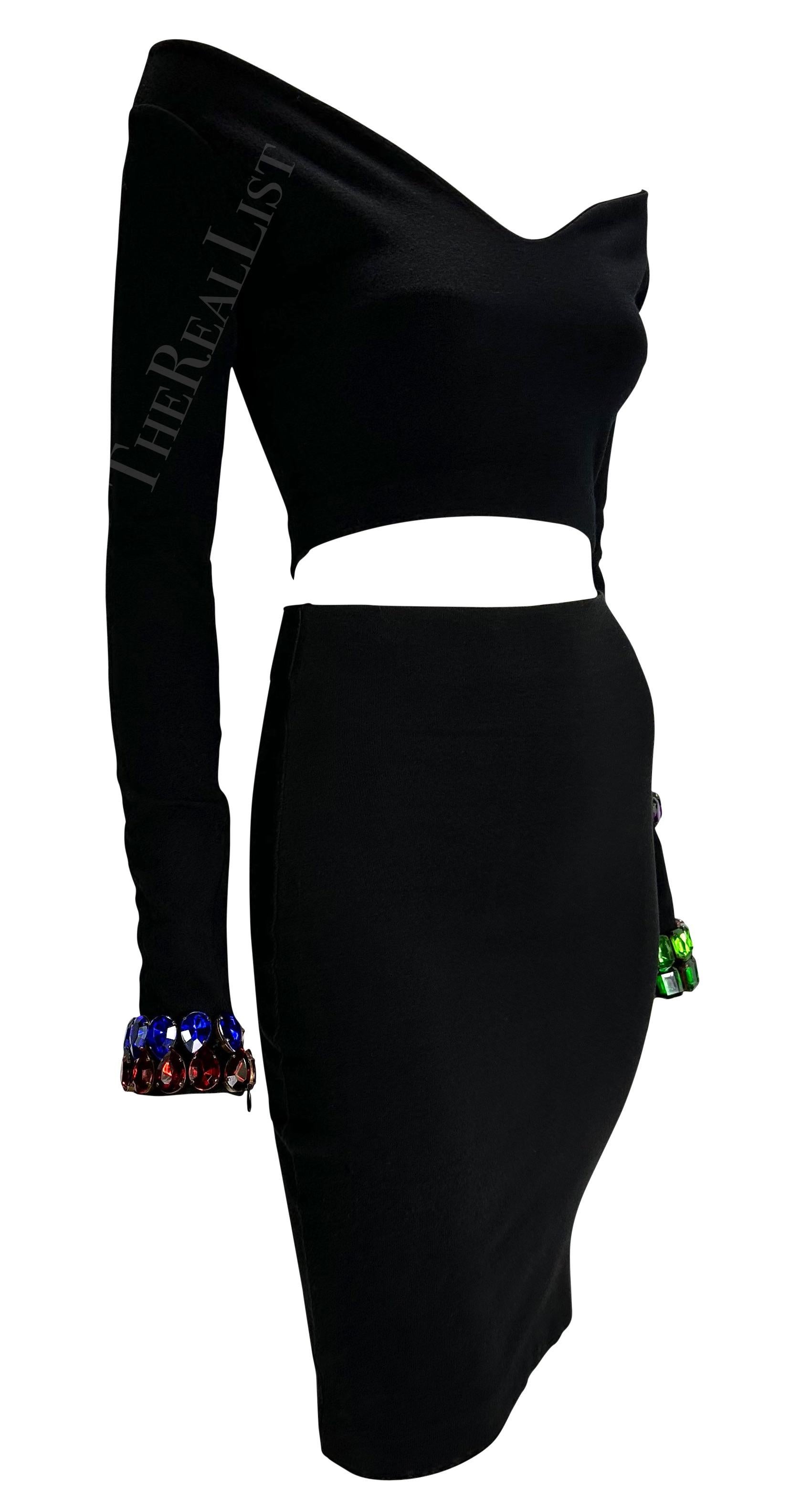 F/W 1991 Dolce & Gabbana Multicolor Gem Black Cropped Bodycon Knit Skirt Set For Sale 4
