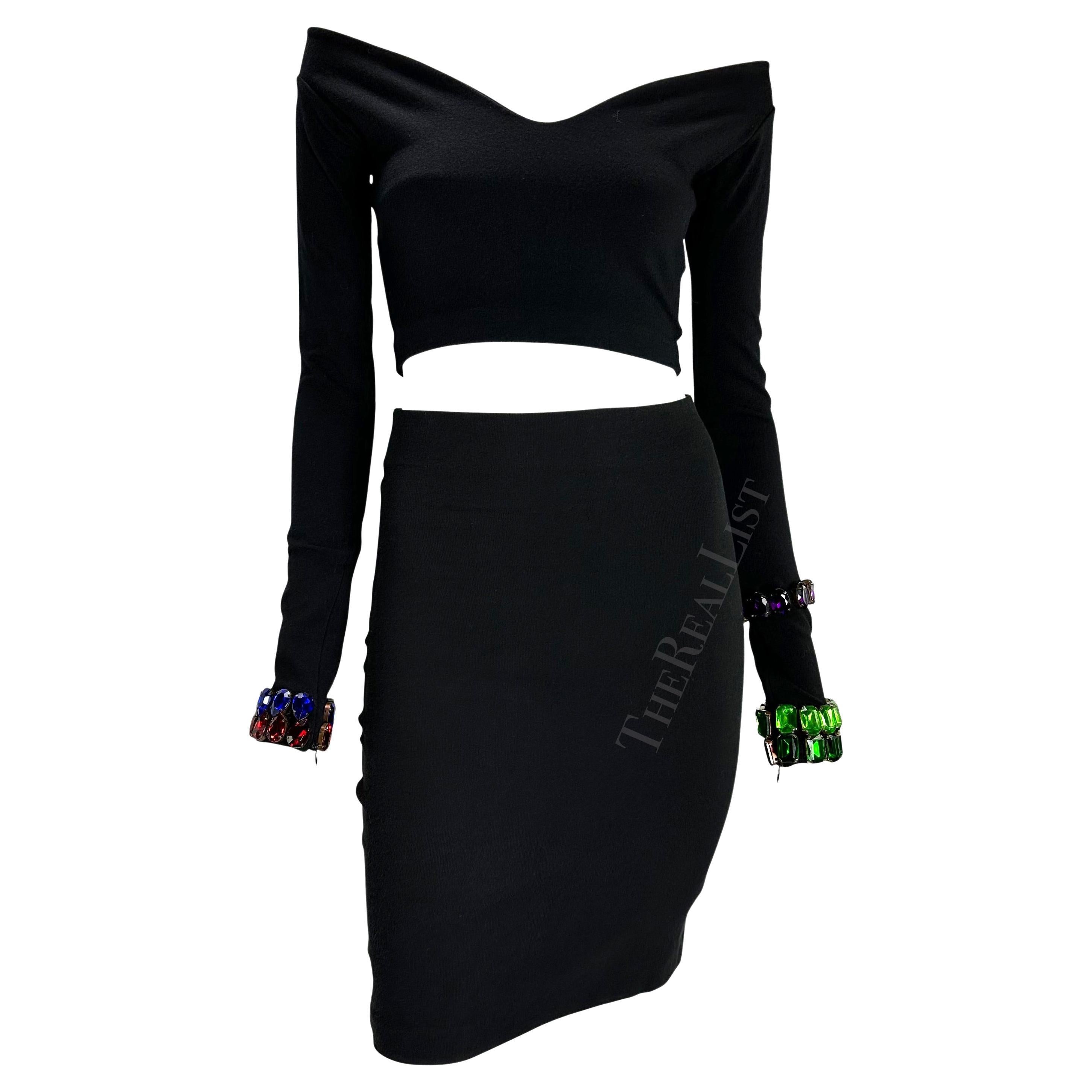 F/W 1991 Dolce & Gabbana Multicolore Gem Black Cropped Bodycon Knit Skirt Set