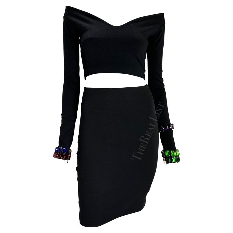 F/W 1991 Dolce & Gabbana Multicolor Gem Black Cropped Bodycon Knit Skirt Set For Sale