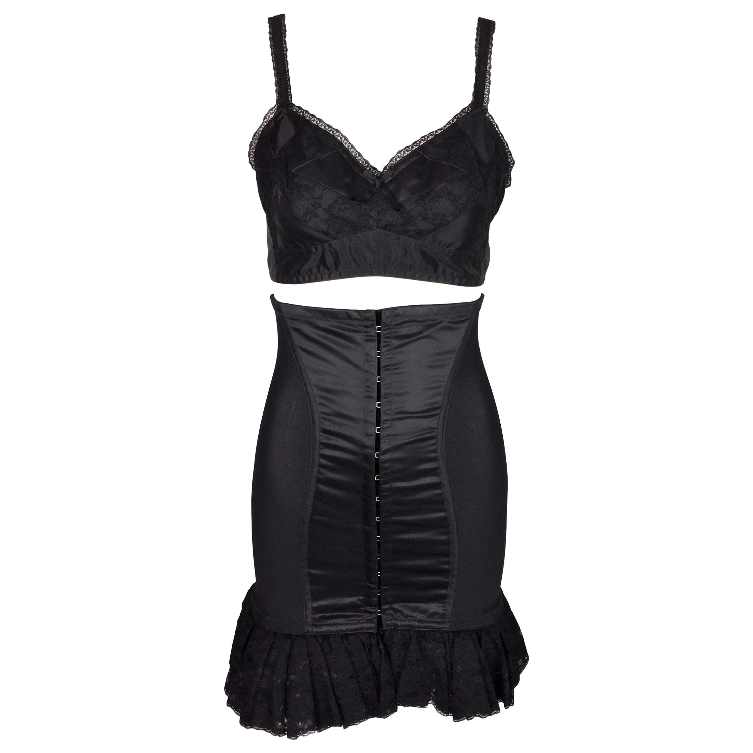 F/W 1991 Dolce & Gabbana Pin-Up Black High Waist Corset Skirt & Lace Bra Top