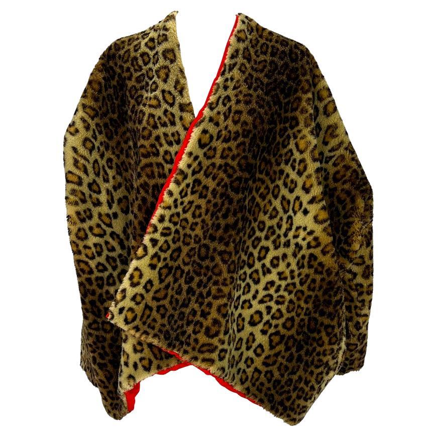Brown F/W 1991 Dolce & Gabbana Runway Leopard Print Faux Fur Red Shawl Oversized Coat For Sale