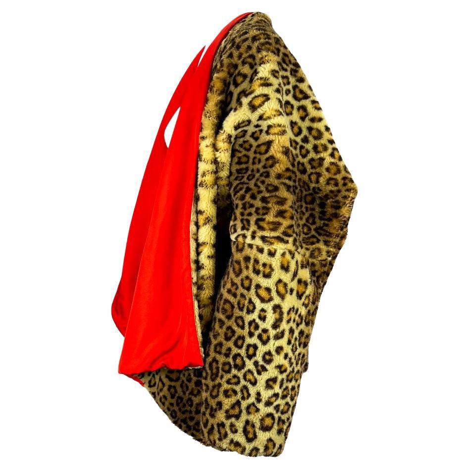 Women's F/W 1991 Dolce & Gabbana Runway Leopard Print Faux Fur Red Shawl Oversized Coat For Sale