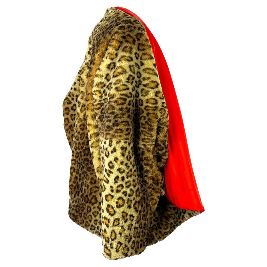 F/W 1991 Dolce & Gabbana Runway Leopard Print Faux Fur Red Shawl Oversized Coat For Sale 2