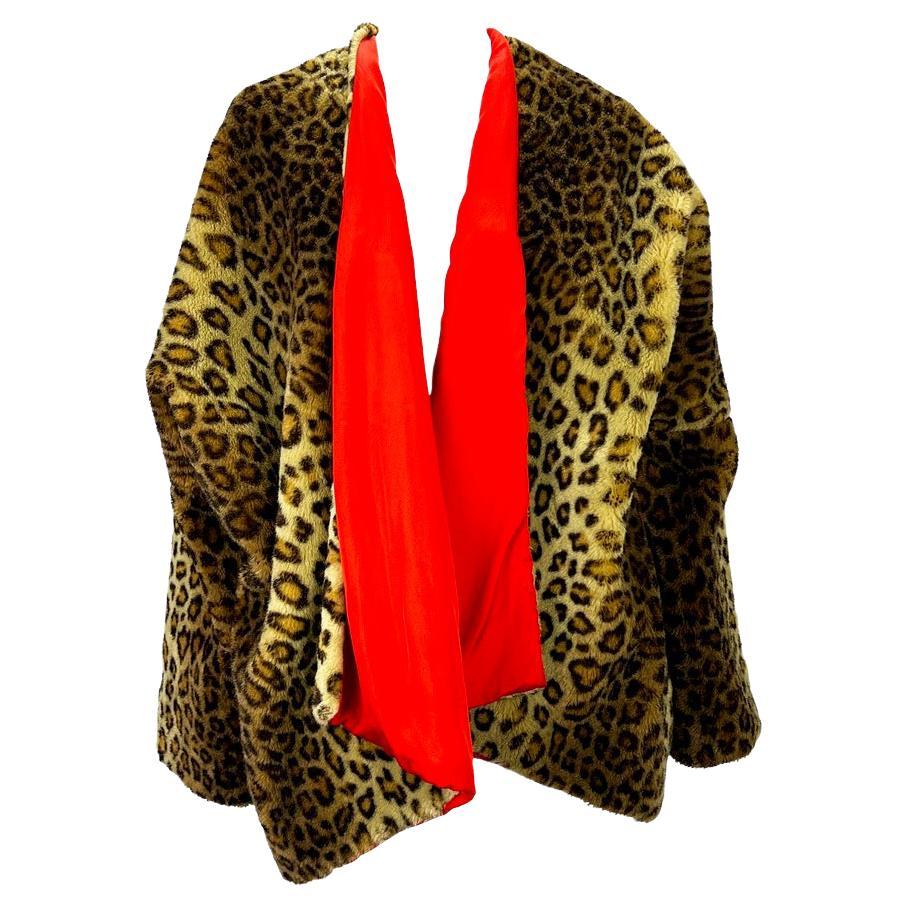 F/W 1991 Dolce & Gabbana Runway Leopard Print Faux Fur Red Shawl Oversized Coat For Sale
