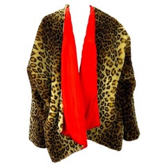 F/W 1991 Dolce & Gabbana Runway Cheetah Print Faux Fur Red Shawl Oversized Coat