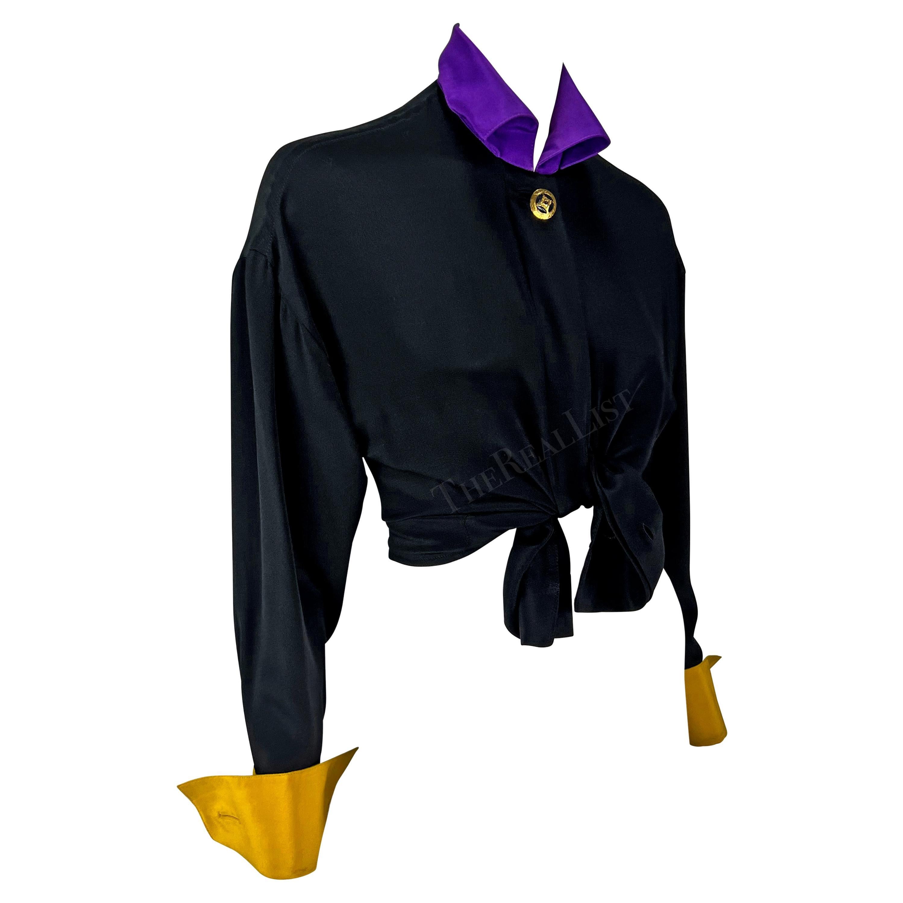 F/W 1991 Gianni Versace Black Silk Color Block Runway Button Down Top For Sale 4