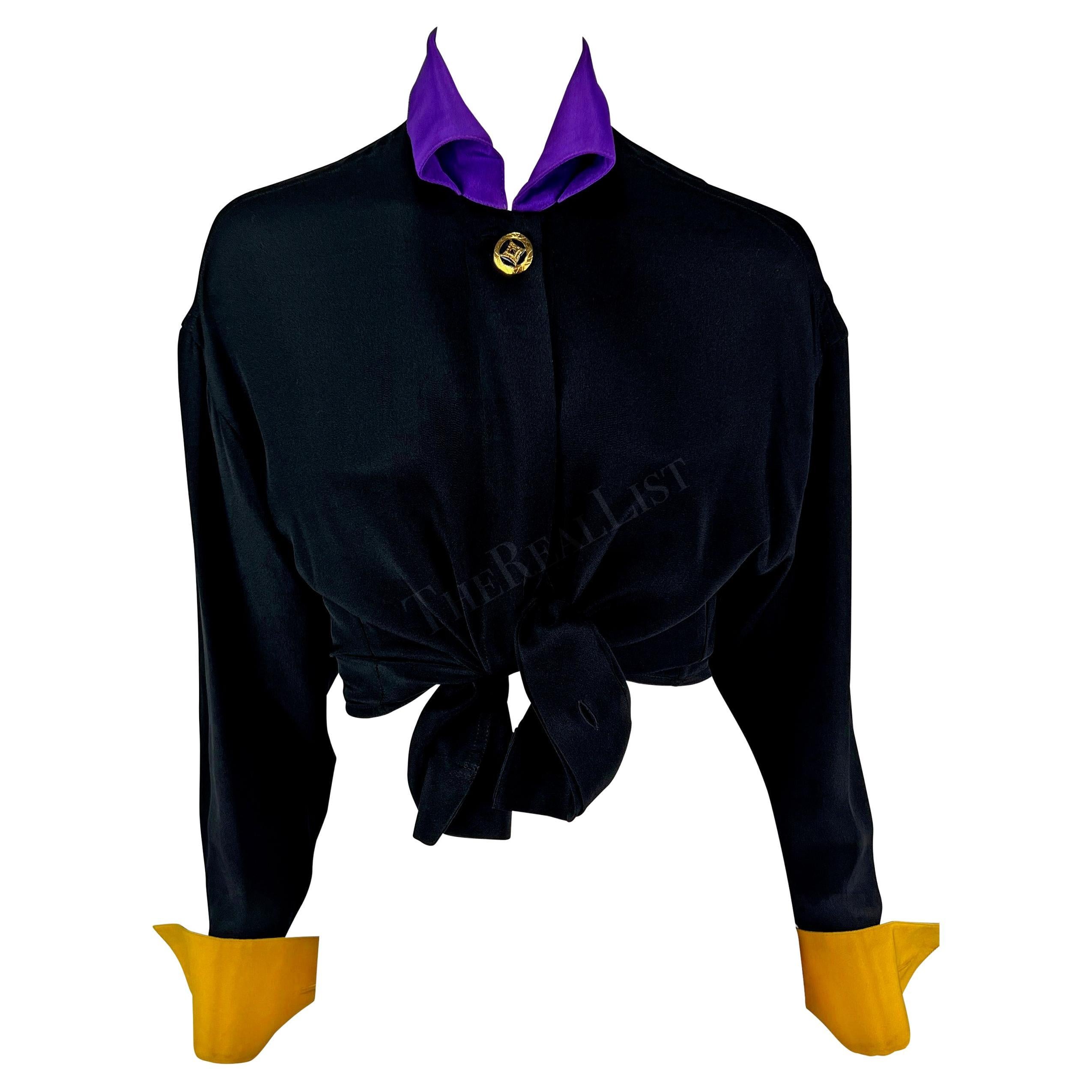 F/W 1991 Gianni Versace Black Silk Color Block Runway Button Down Top For Sale
