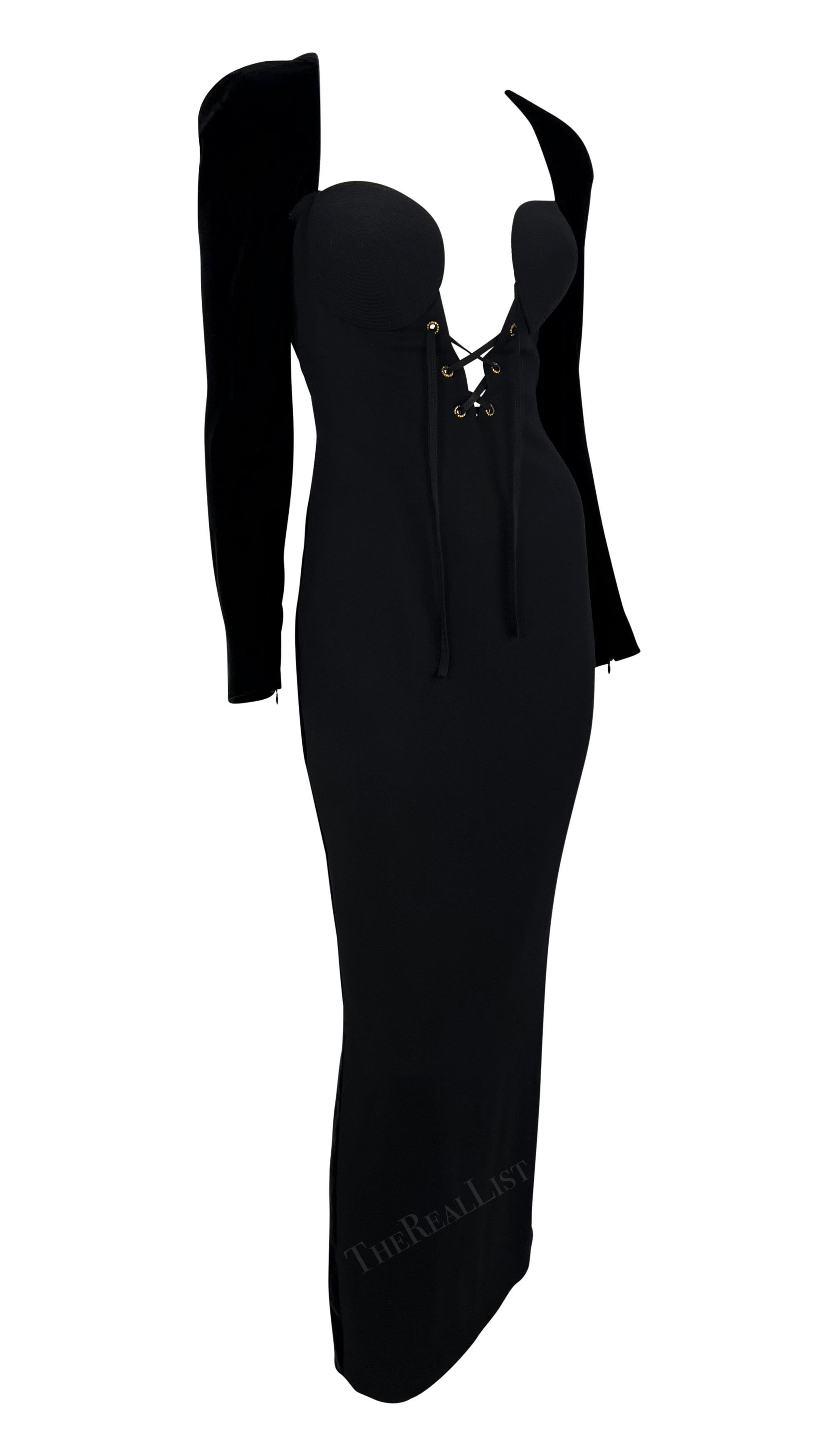 F/W 1991 Gianni Versace Black Velvet Plunging Neckline Runway Dress 8