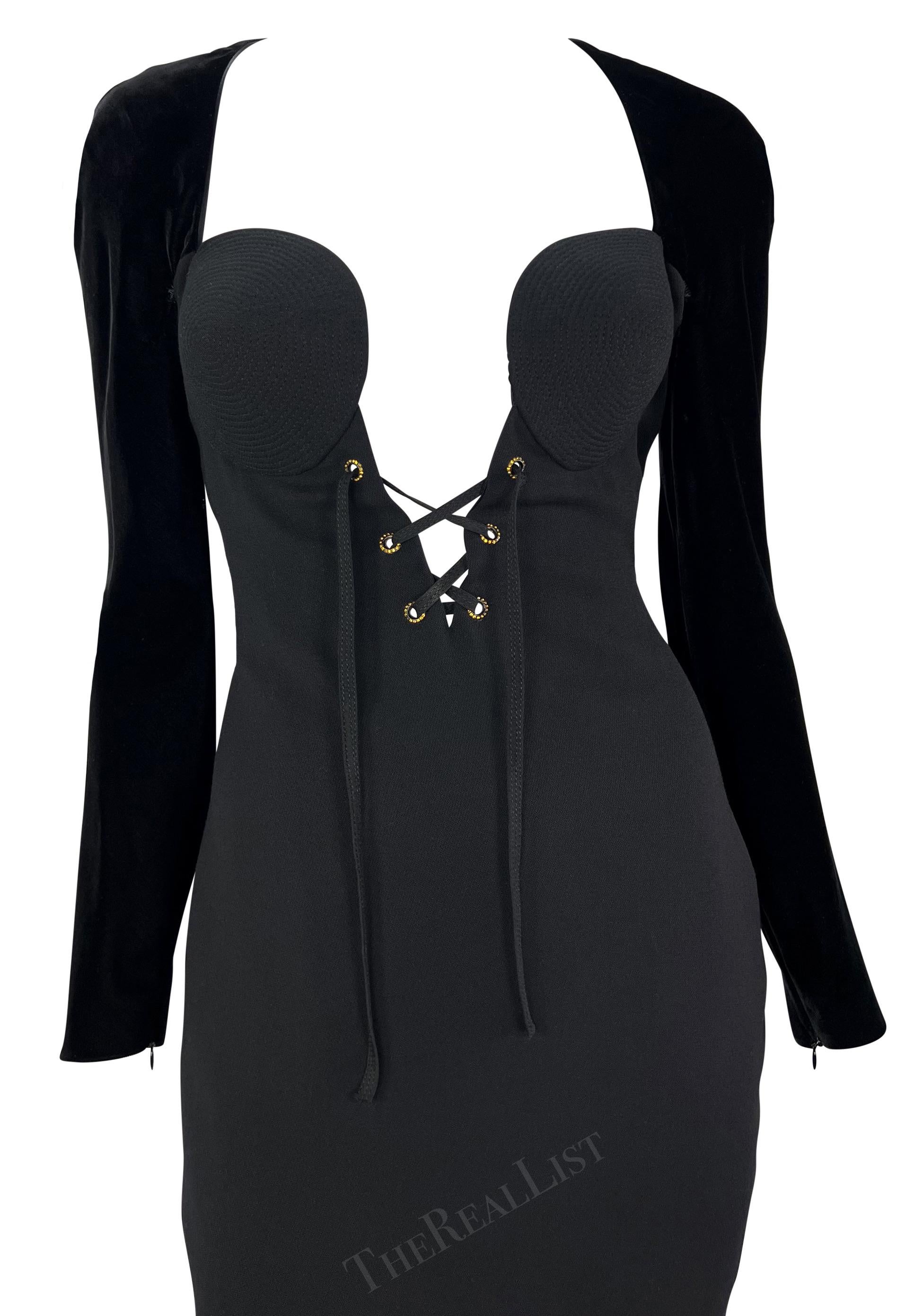 Women's F/W 1991 Gianni Versace Black Velvet Plunging Neckline Runway Dress