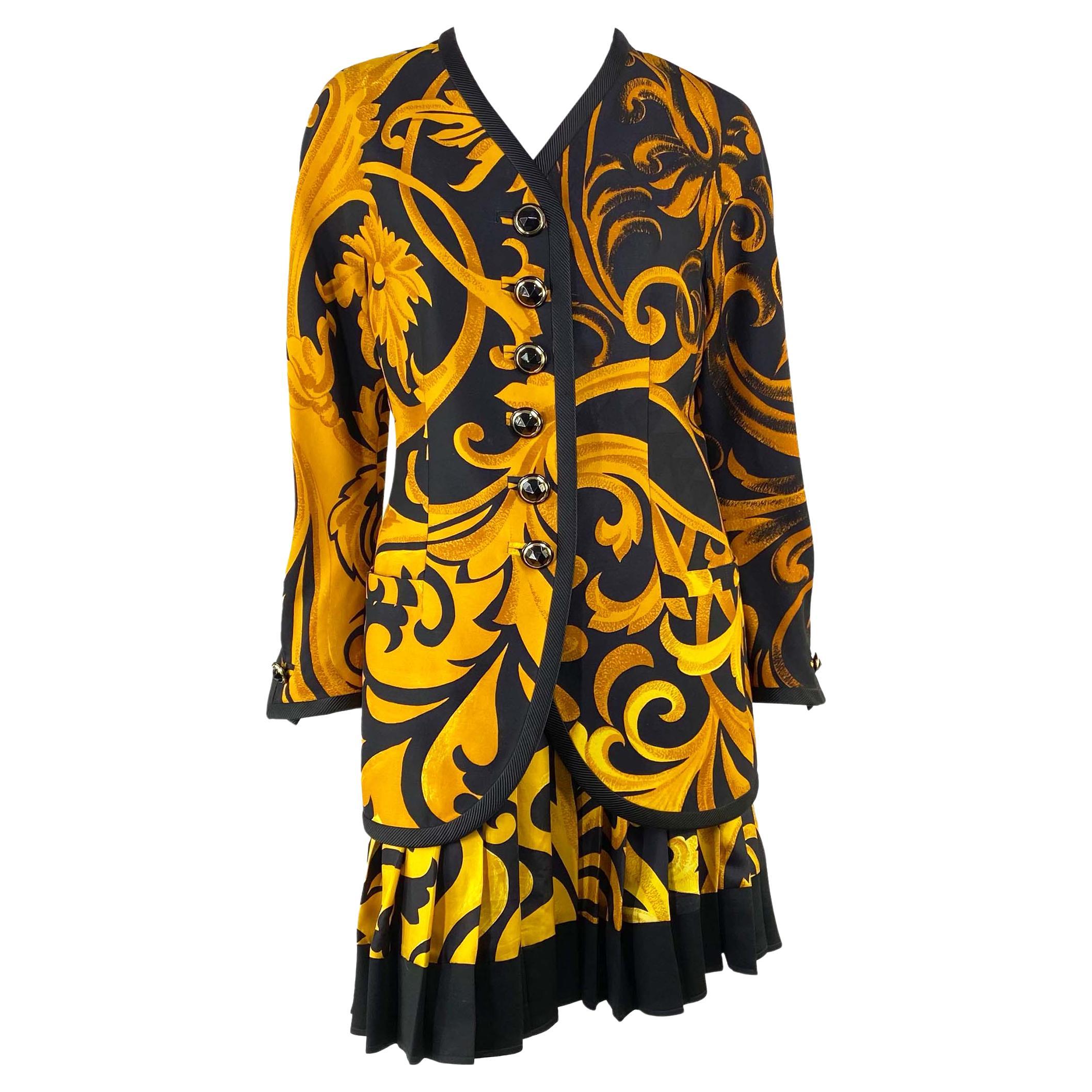 F/W 1991 Gianni Versace Couture Black Gold Baroque Print Silk Pleated Skirt Suit
