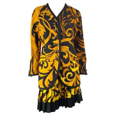 Retro F/W 1991 Gianni Versace Couture Black Gold Baroque Print Silk Pleated Skirt Suit