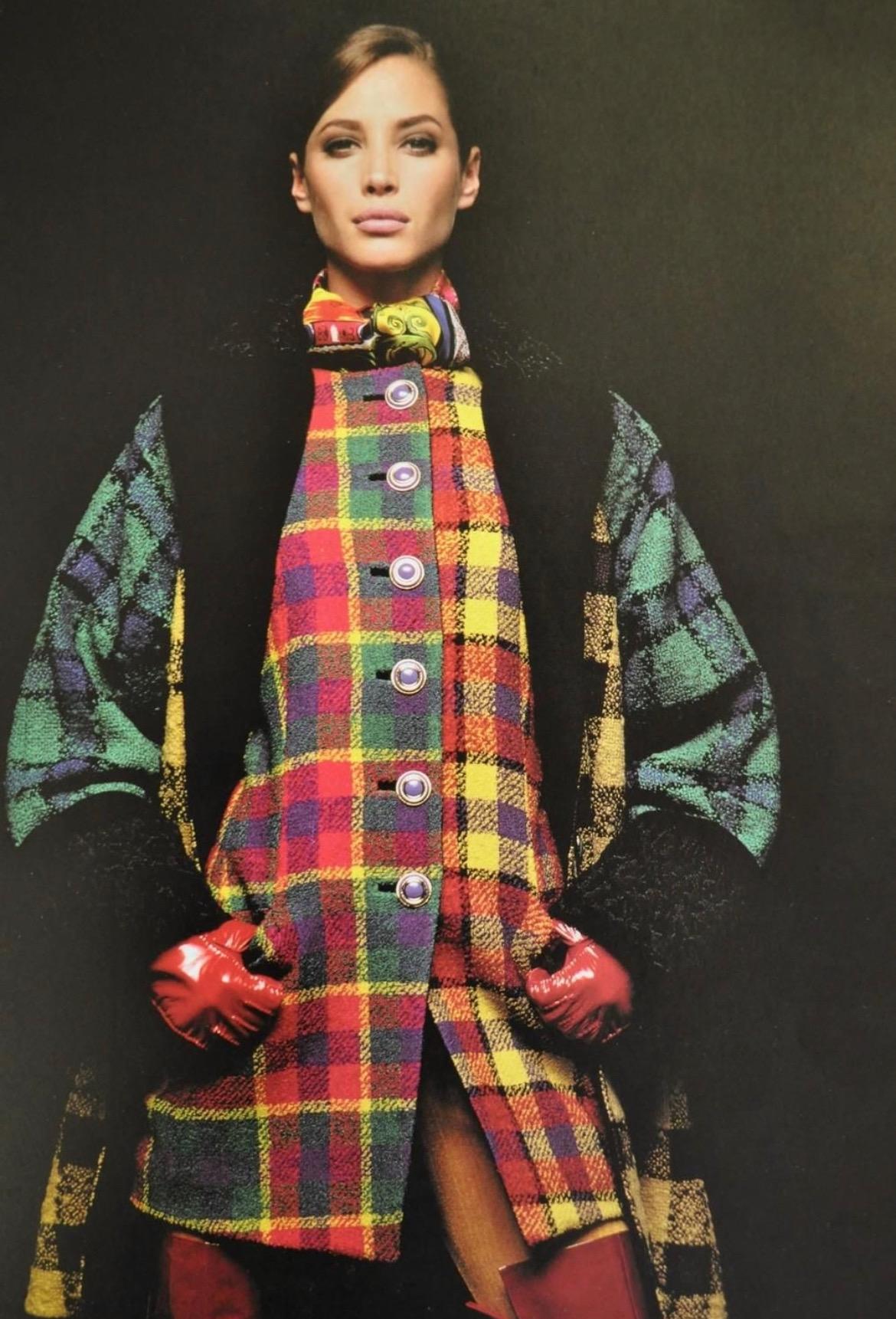 Presenting a fabulous multicolor plaid tweed Gianni Versace oversized coat, designed by Gianni Versace. From the Fall/Winter 1991 collection, coats made from the same tweed debuted on the season's runway and were highlighted in the season's ad