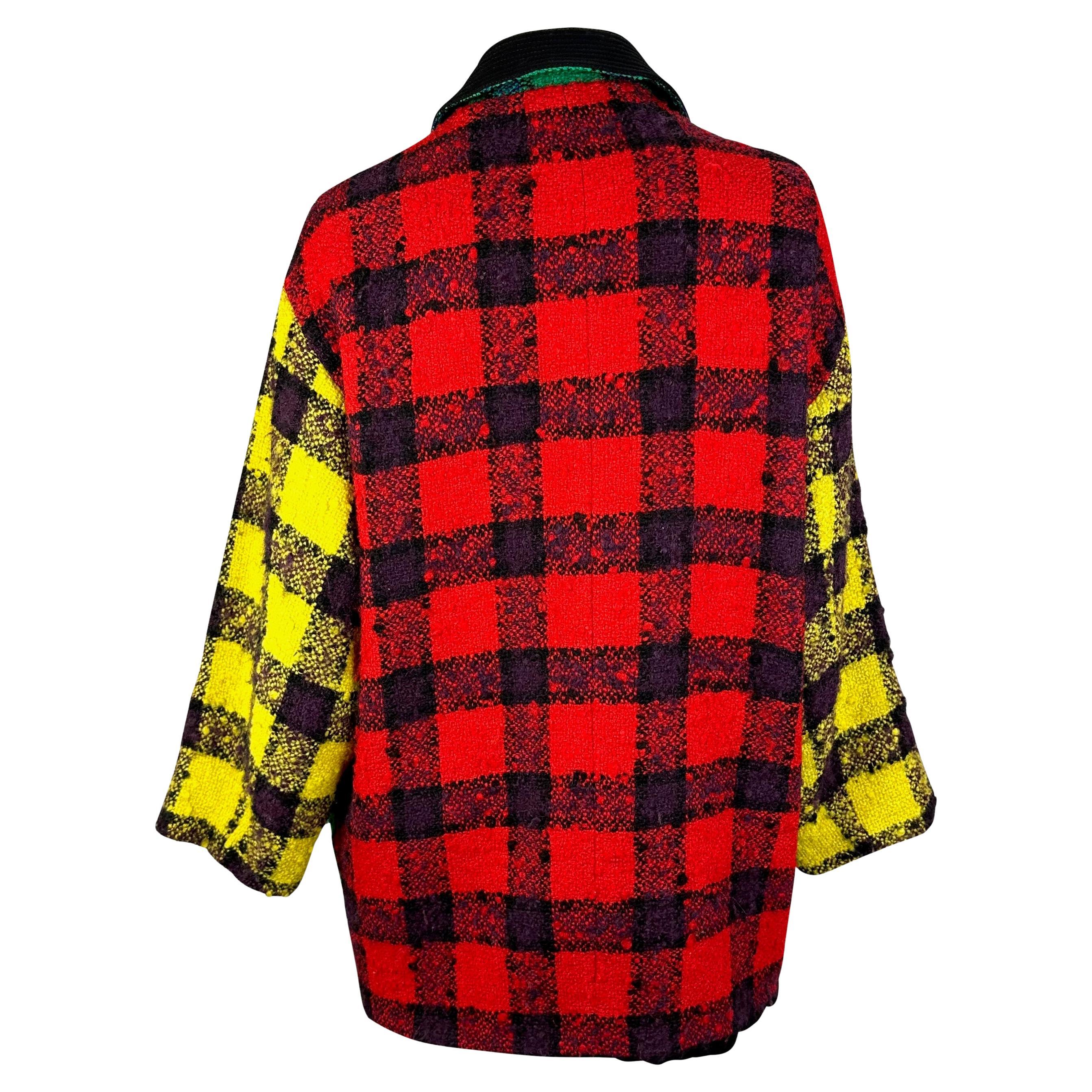 Blue F/W 1991 Gianni Versace Couture Green Yellow Oversized Plaid Tweed Coat  For Sale