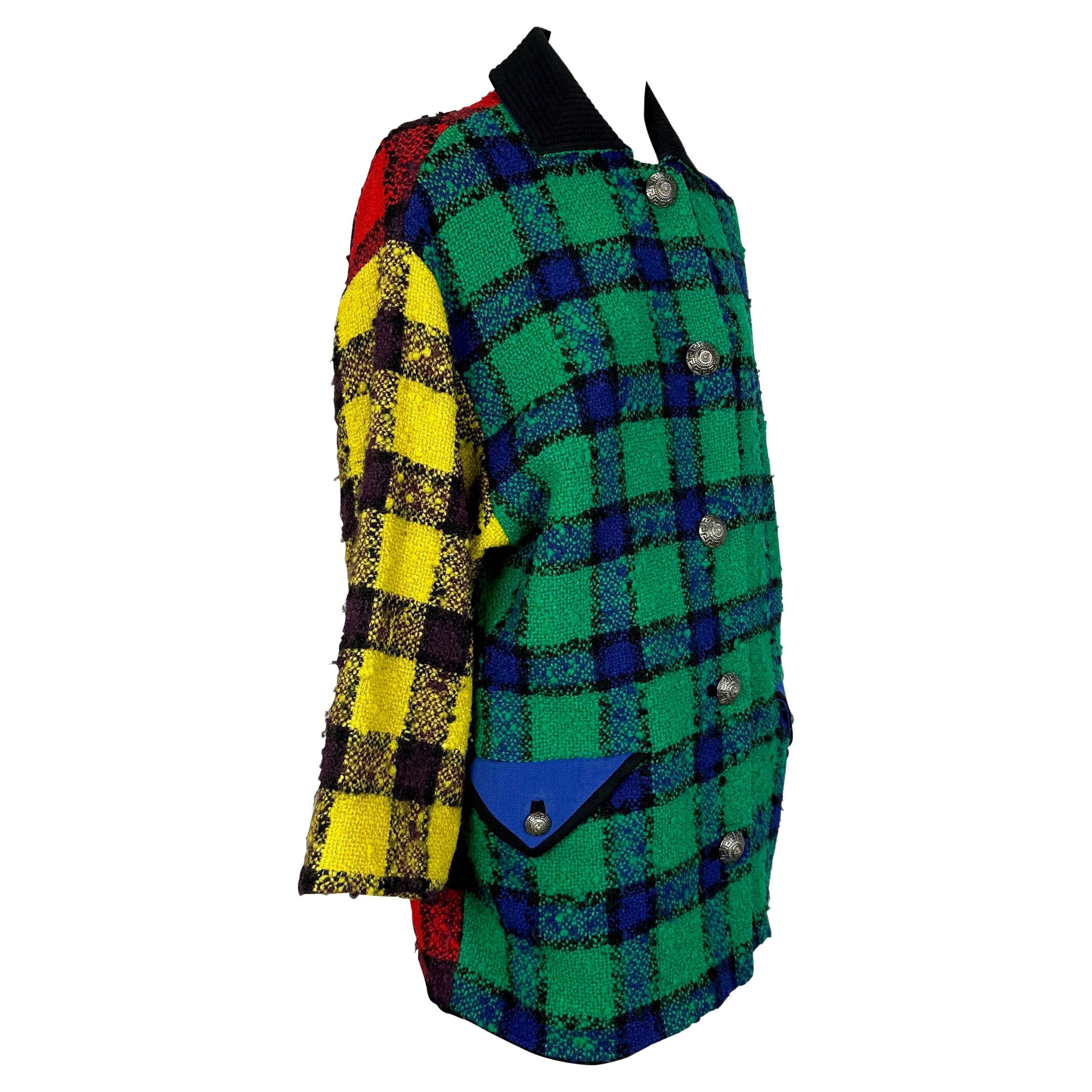 Women's F/W 1991 Gianni Versace Couture Green Yellow Oversized Plaid Tweed Coat  For Sale