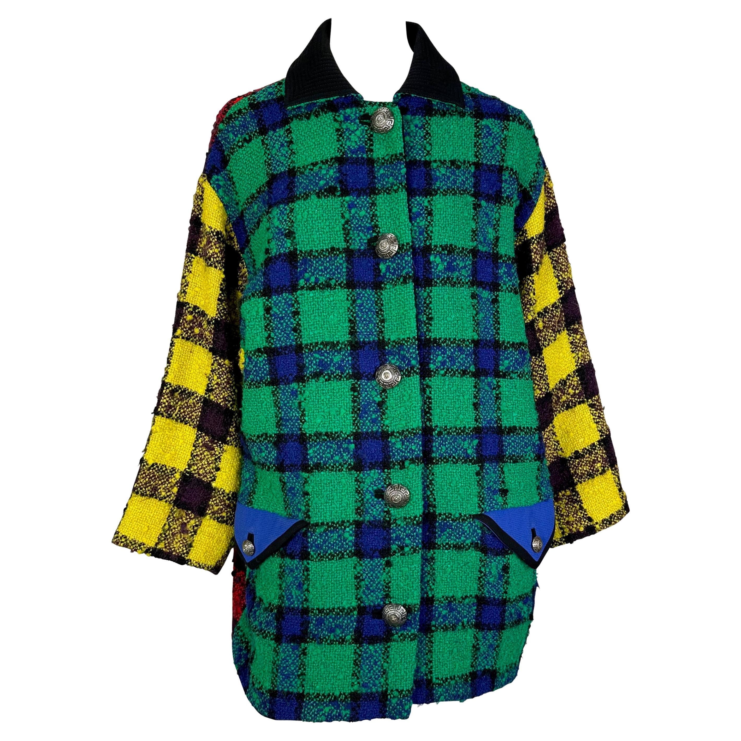 F/W 1991 Gianni Versace Couture Green Yellow Oversized Plaid Tweed Coat  For Sale