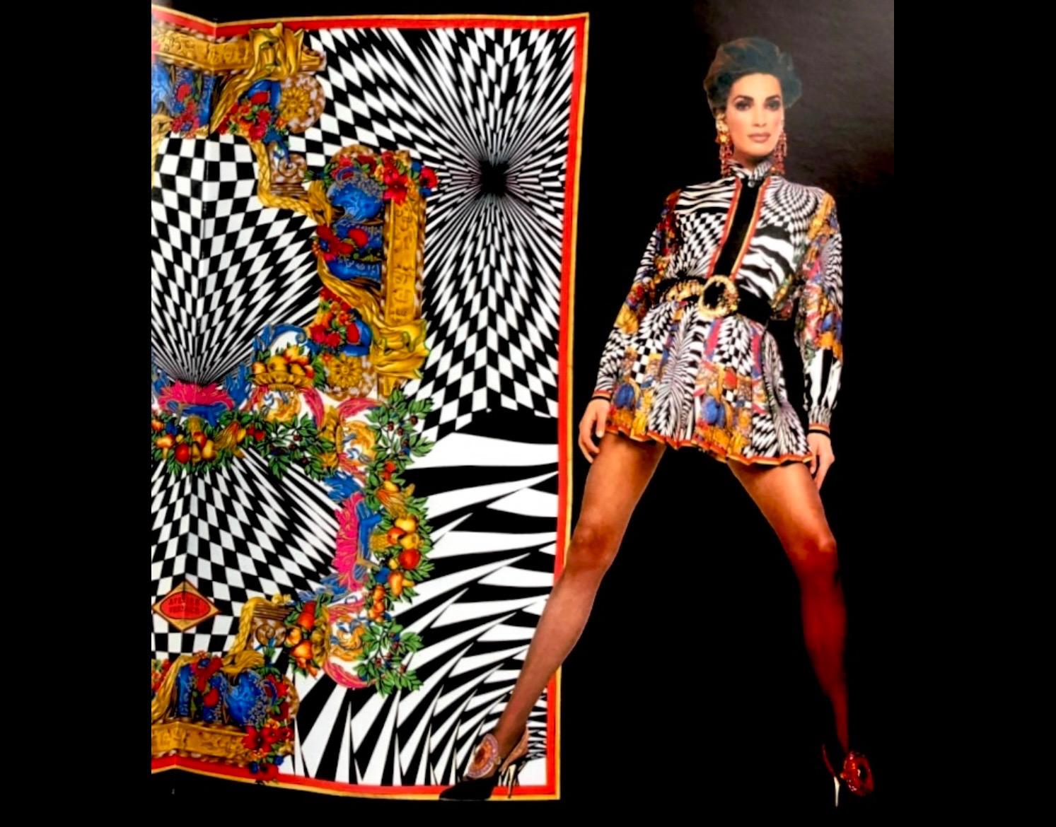 Presenting a fabulous vibrant silk Gianni Versace Couture skirt set designed by Gianni Versace. From the Fall/Winter of 1991, this set was highlighted in the season's lookbook photographed by Herb Ritts. This incredible set is covered in Gianni's
