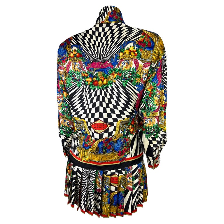 F/W 1991 Gianni Versace Couture Op Art Atelier Print Pleated Skirt Blouse Set For Sale