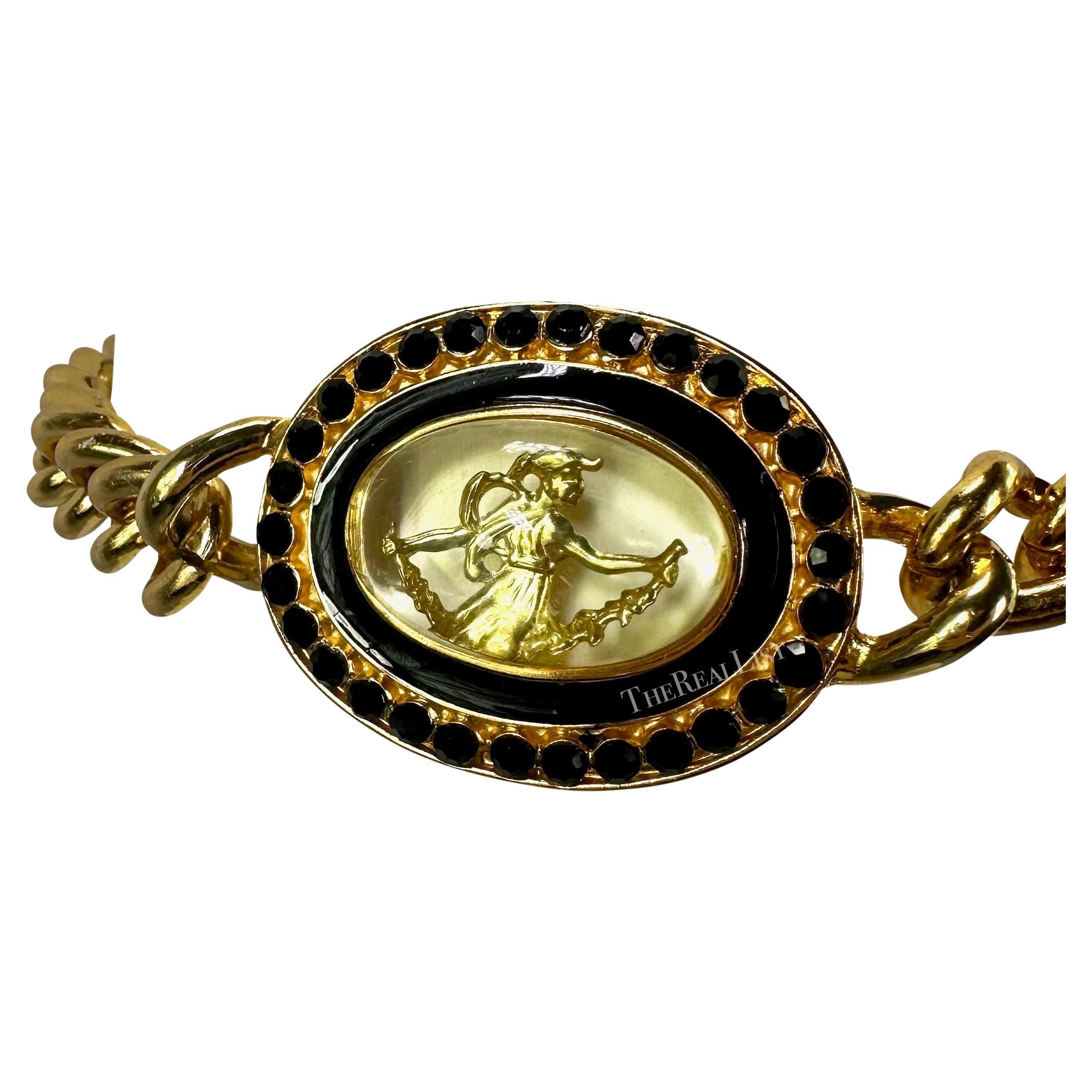 F/W 1991 Gianni Versace Goldfarbener Metallgürtel mit römischem Motiv aus Metall mit schwarzem Strass und Strass  im Angebot 3