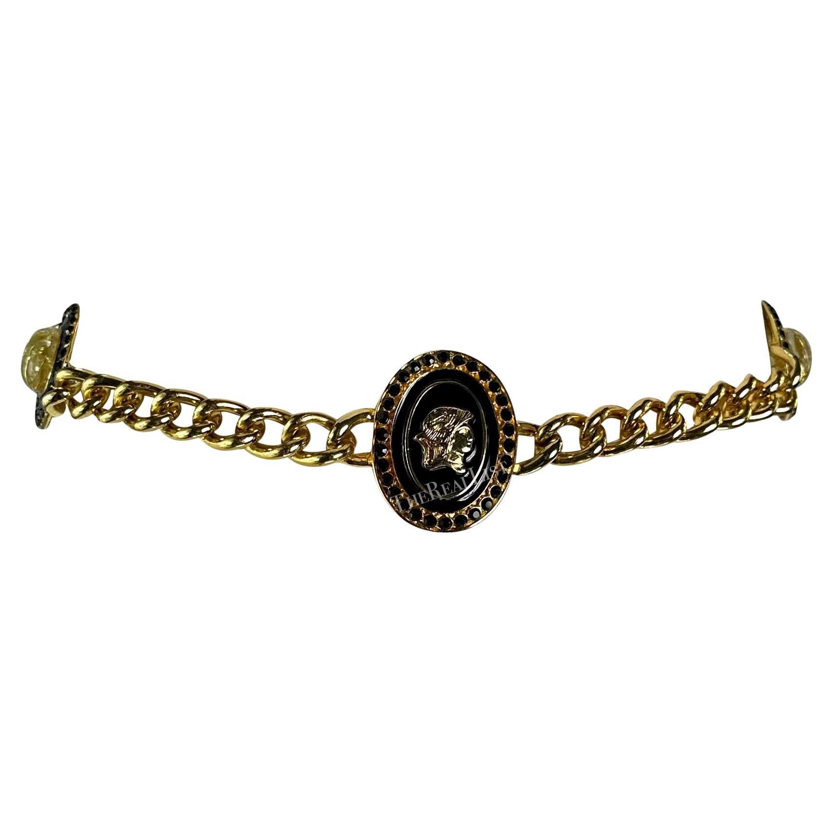 F/W 1991 Gianni Versace Gold Tone Metal Black Rhinestone Roman Motif Chain Belt For Sale 2