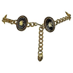 F/W 1991 Gianni Versace Gold Tone Metal Black Rhinestone Roman Motif Chain Belt