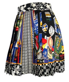 F/W 1991 Gianni Versace Multi Color International Motif Pleated Mini Skirt