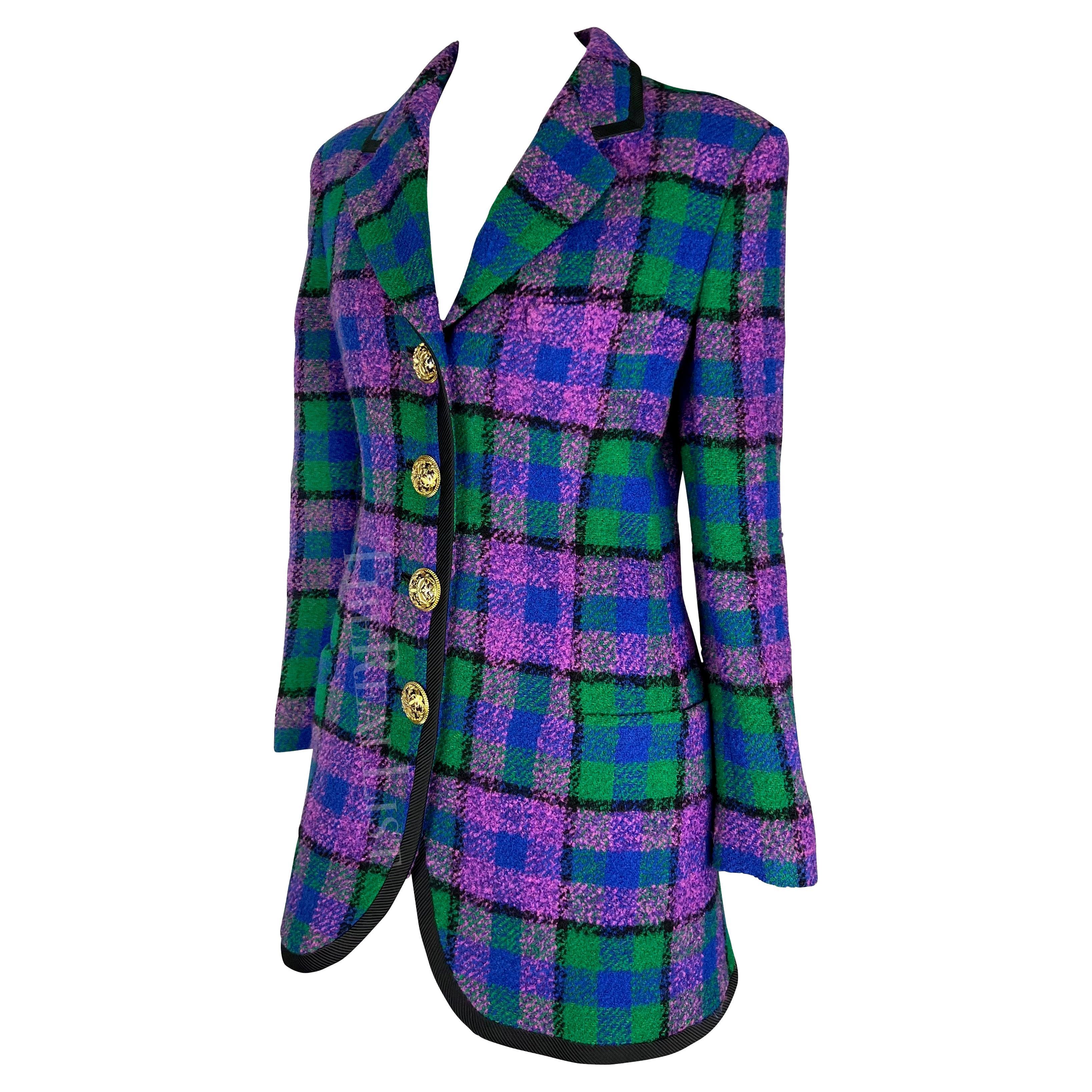 F/W 1991 Gianni Versace Purple Green Plaid Tweed Blazer Runway Mini Dress In Excellent Condition For Sale In West Hollywood, CA