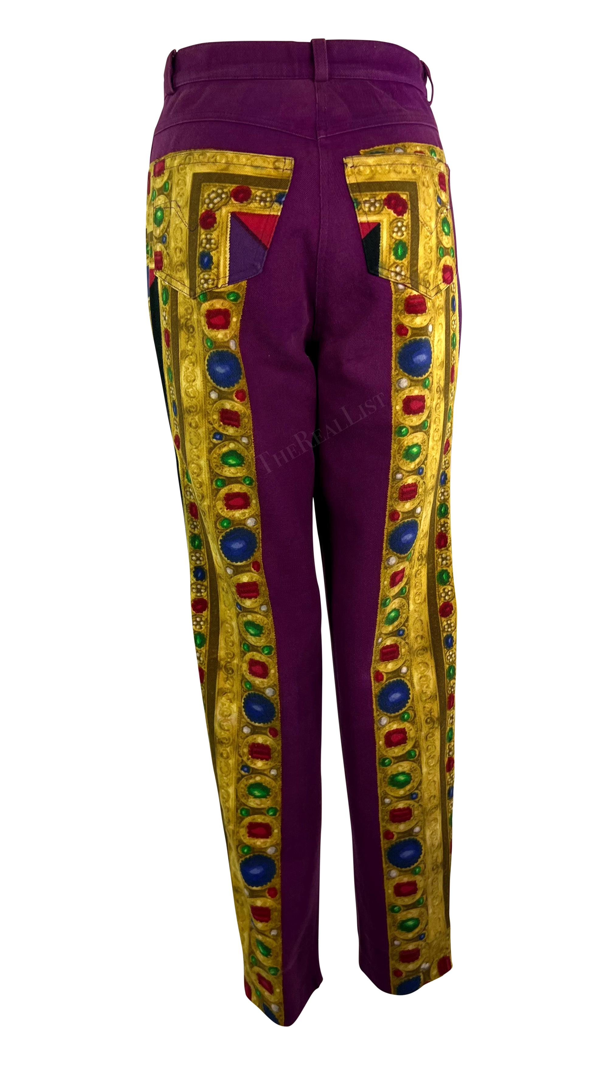 F/W 1991 Gianni Versace Purple Multicolor Gem Tone Baroque Print Denim Pants For Sale 3