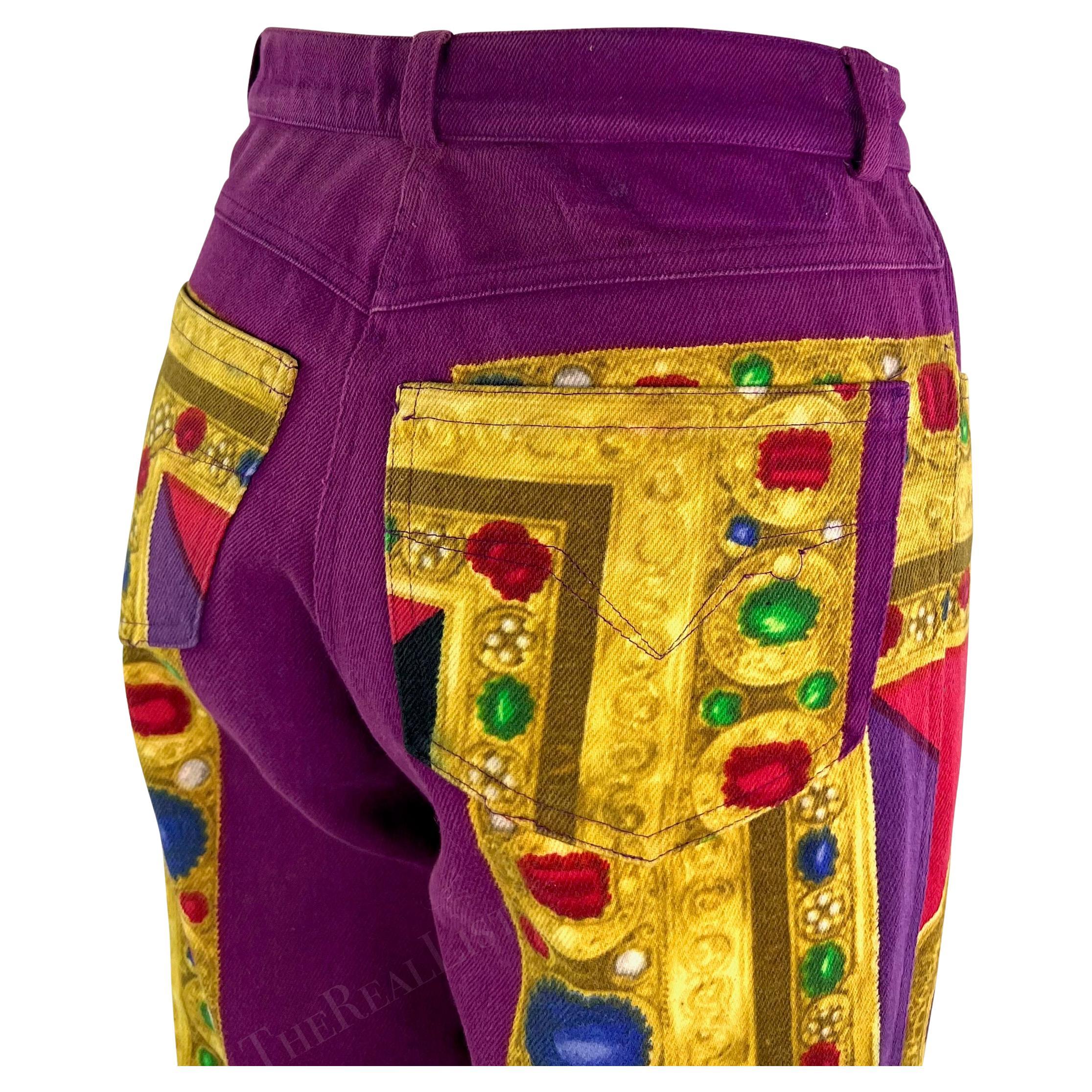 F/W 1991 Gianni Versace Purple Multicolor Gem Tone Baroque Print Denim Pants For Sale 4