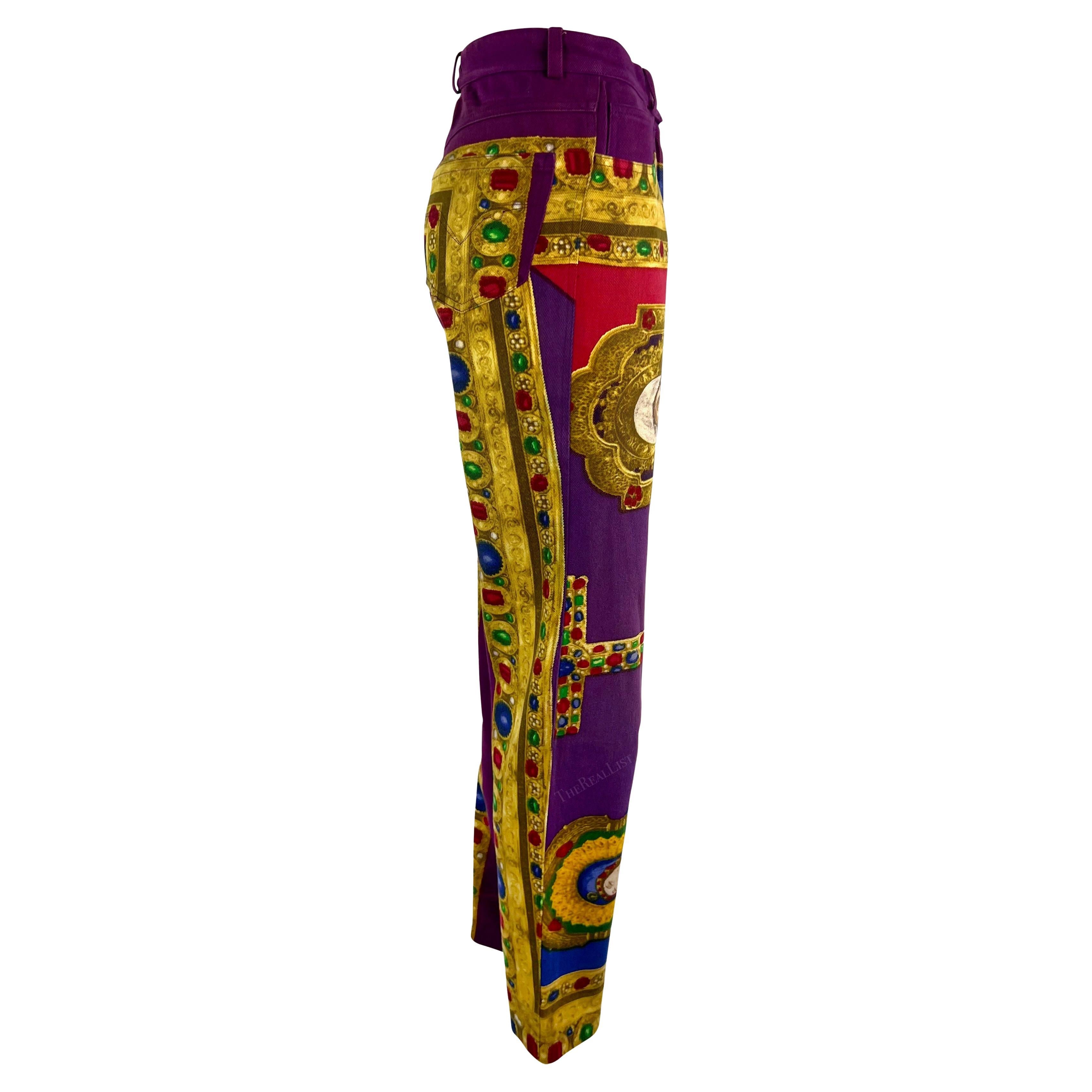 F/W 1991 Gianni Versace Purple Multicolor Gem Tone Baroque Print Denim Pants For Sale 5