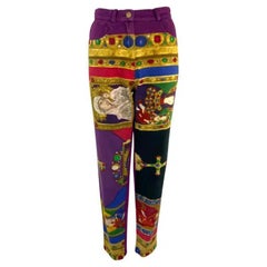 Pantalon en jean imprimé baroque multicolore violet Gianni Versace, A/H 1991