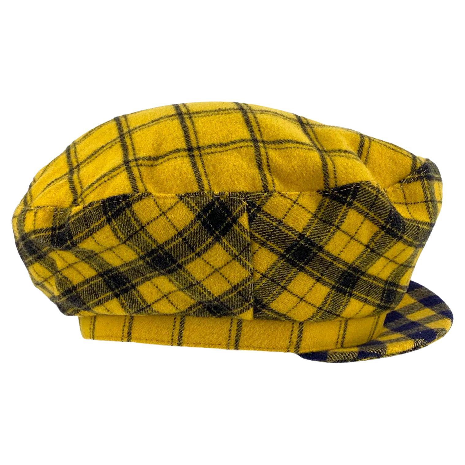 F/W 1993 Gianni Versace Documented Yellow Check Flannel Paperboy Hat For Sale