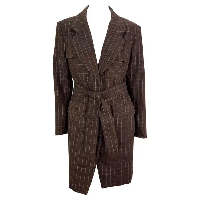 F/W 1991 Isaac Mizrahi Runway Brown Window Pane Blazer Mini Blazer Mantel Kleid