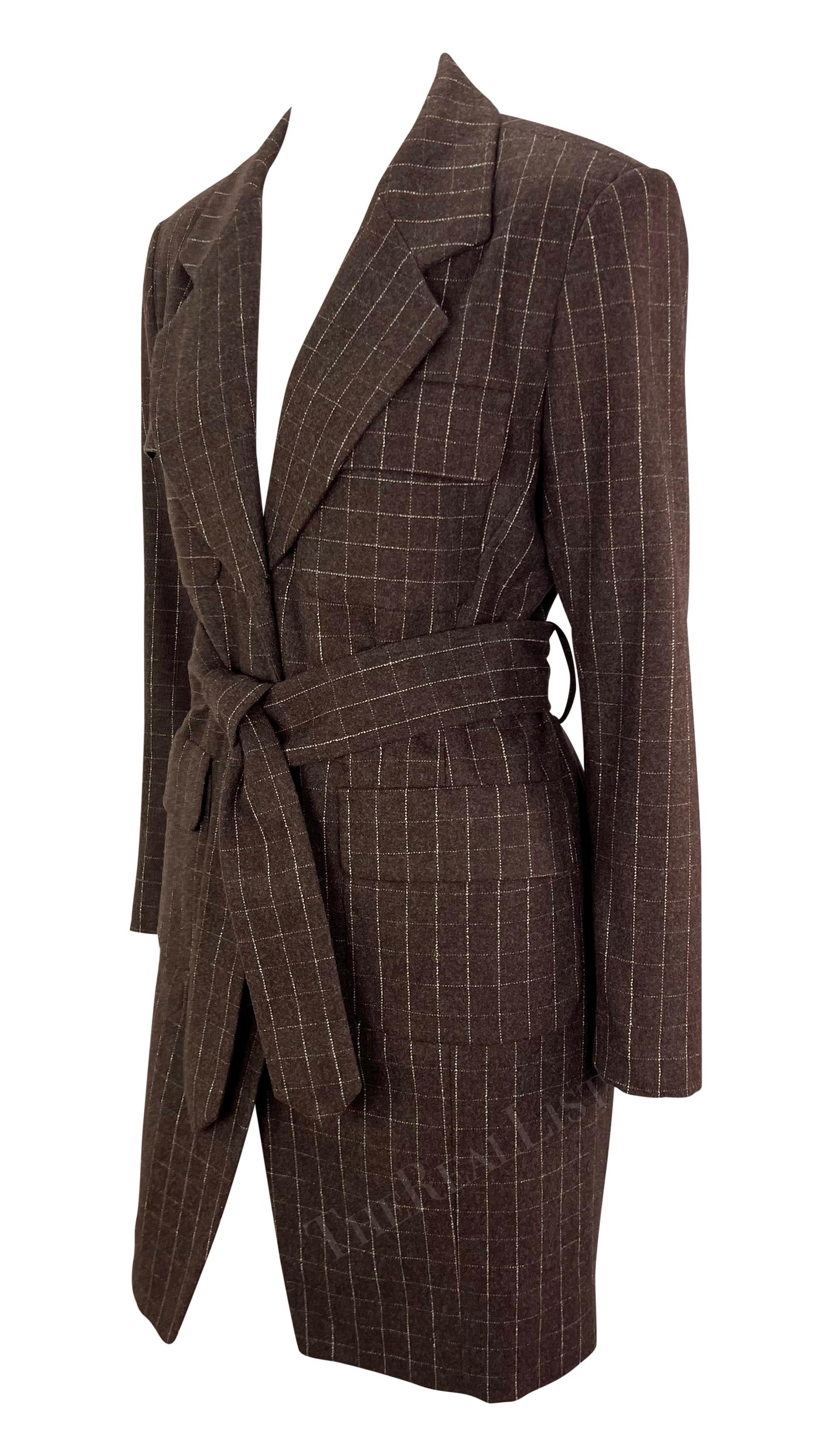 F/W 1991 Isaac Mizrahi Runway Brown Window Pane Blazer Mini Blazer Mantel Kleid Damen im Angebot