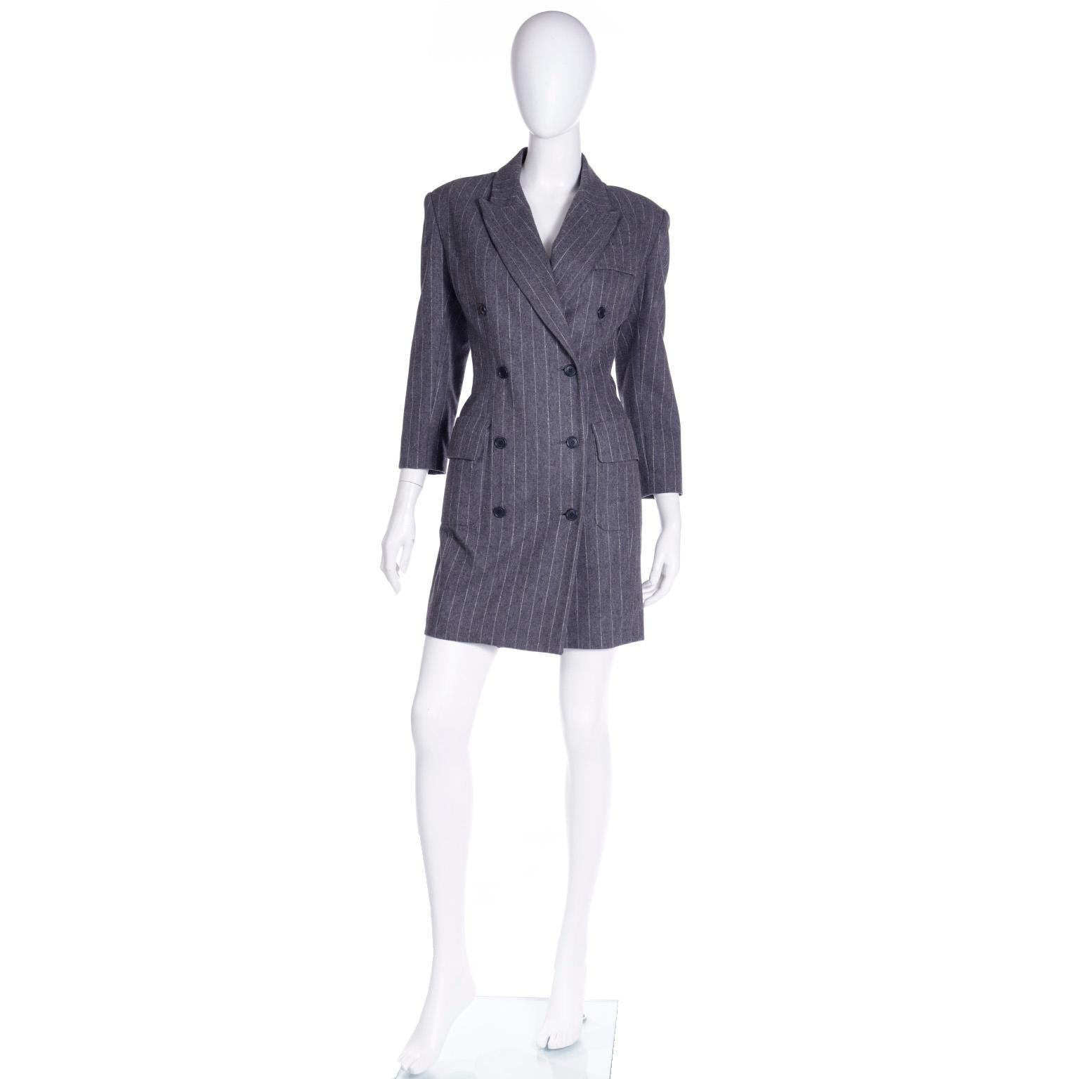 Gray F/W 1991 Isaac Mizrahi Vintage Grey Tonal Striped Double Breasted Coat Dress For Sale