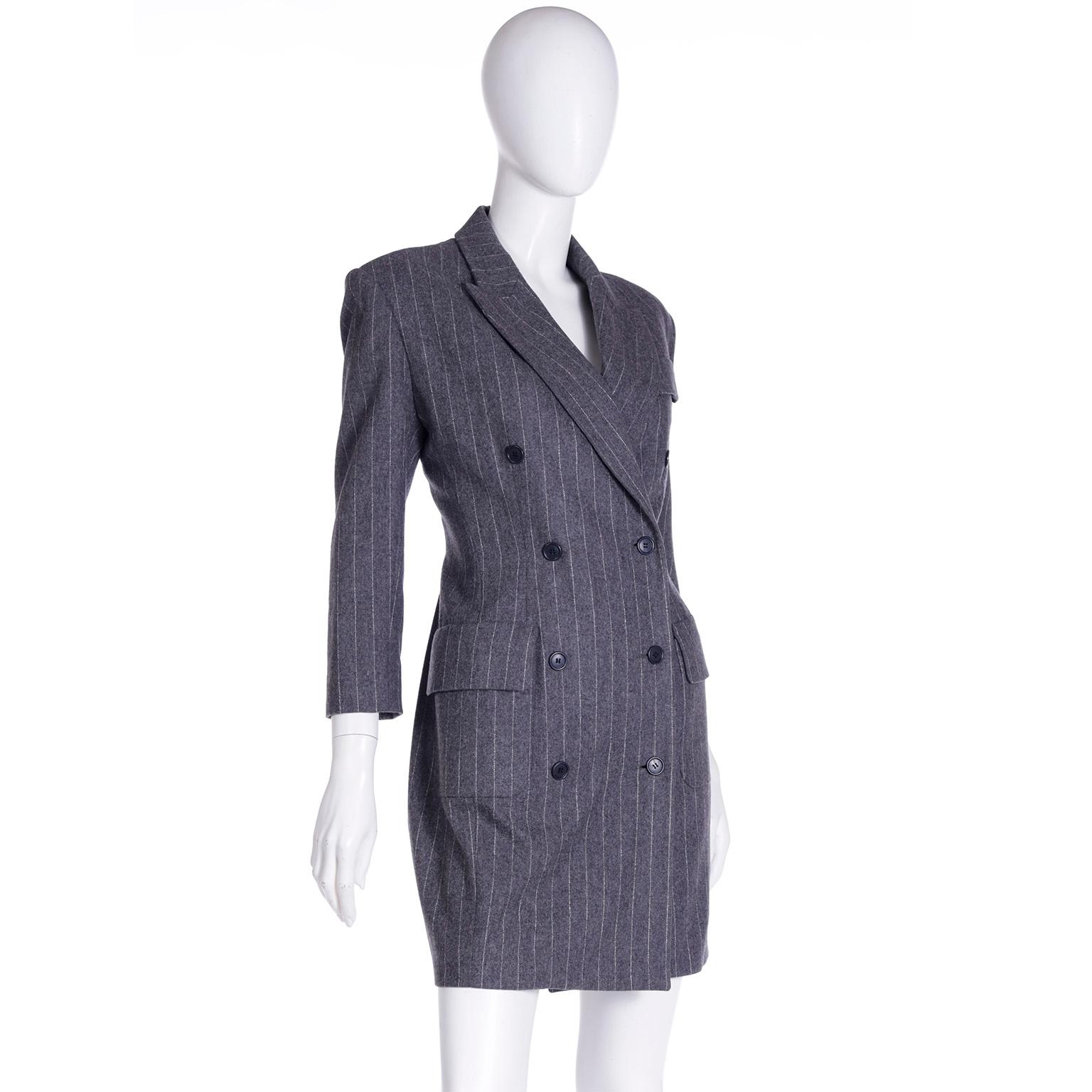 F/W 1991 Isaac Mizrahi Vintage Grey Tonal Striped Double Breasted Coat Dress In Excellent Condition For Sale In Portland, OR
