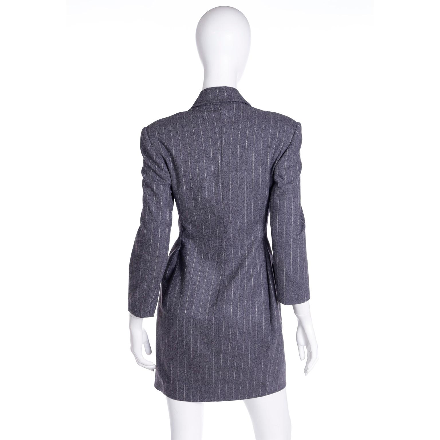 Women's F/W 1991 Isaac Mizrahi Vintage Grey Tonal Striped Double Breasted Coat Dress For Sale