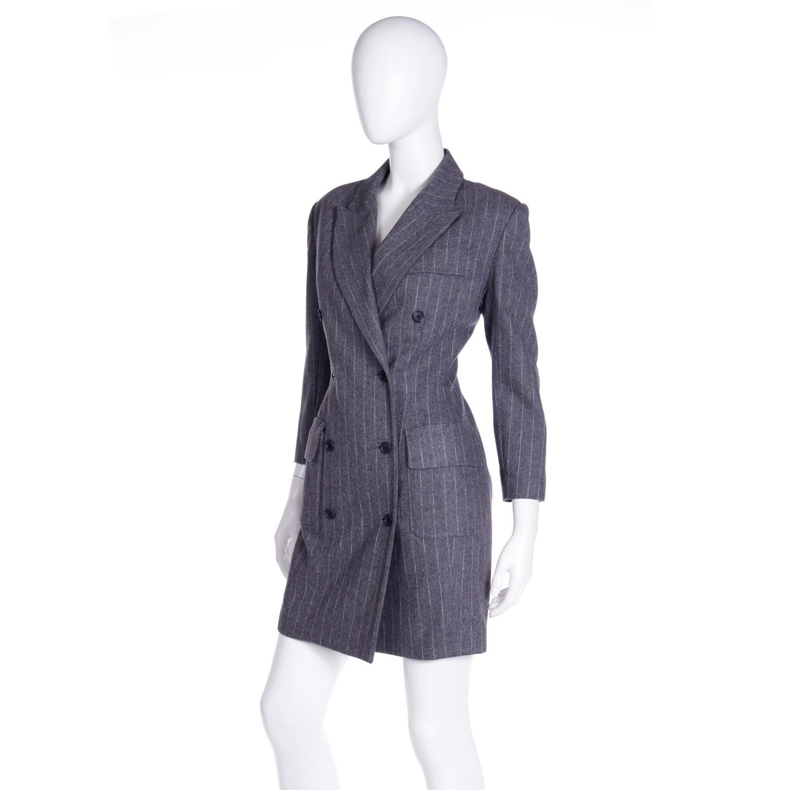 F/W 1991 Isaac Mizrahi Vintage Grey Tonal Striped Double Breasted Coat Dress For Sale 1