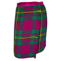 F/W 1991 Oscar de La Renta Runway Pink Green Tartan Fringe Wrap Pencil Skirt