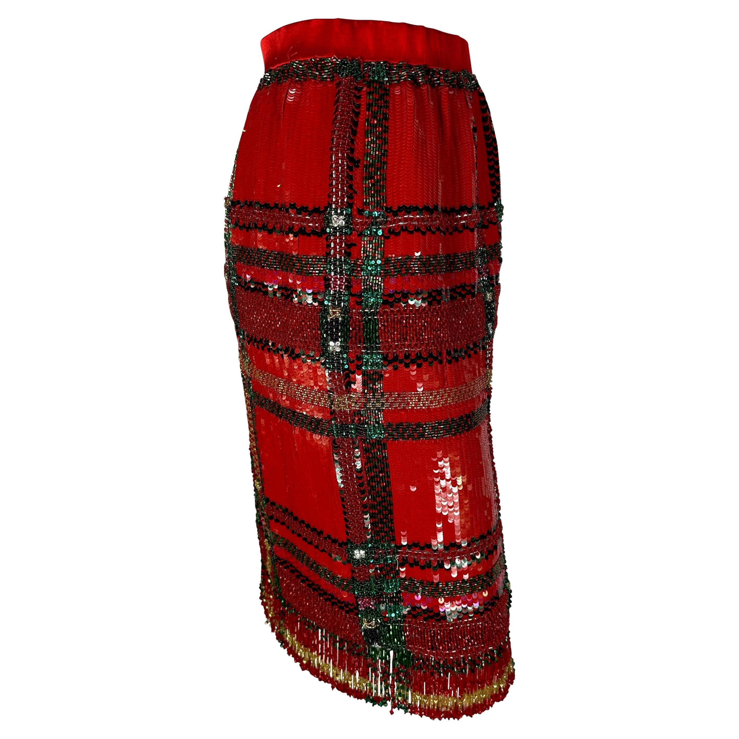 F/W 1991 Oscar de La Renta Runway Red Tartan Sequin Beaded Fringe Pencil Skirt For Sale 3